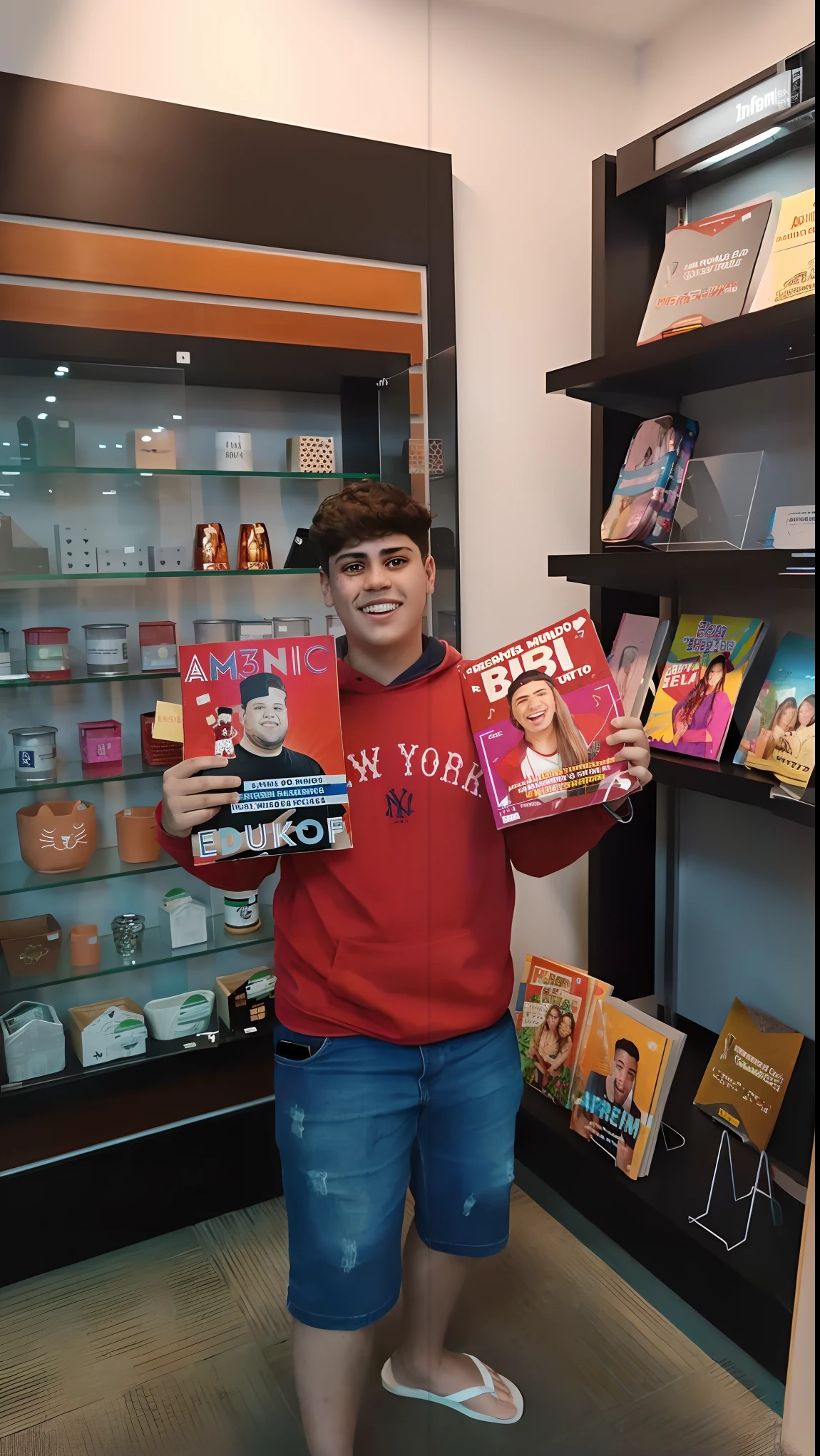 Arafed menino em uma camisa vermelha segurando um livro em uma loja, vendas de revistas, Directed by: Samuel Silva, by Amelia Peláez, Directed by: Daniel Lieske, holding books, Directed by: Alexis Grimou, Directed by: Nandor Soldier, jornaleiro, Directed by: Gabriel Ba, Directed by: Emma Rios, he is holding a large book, Directed by: Bernie D'Andrea