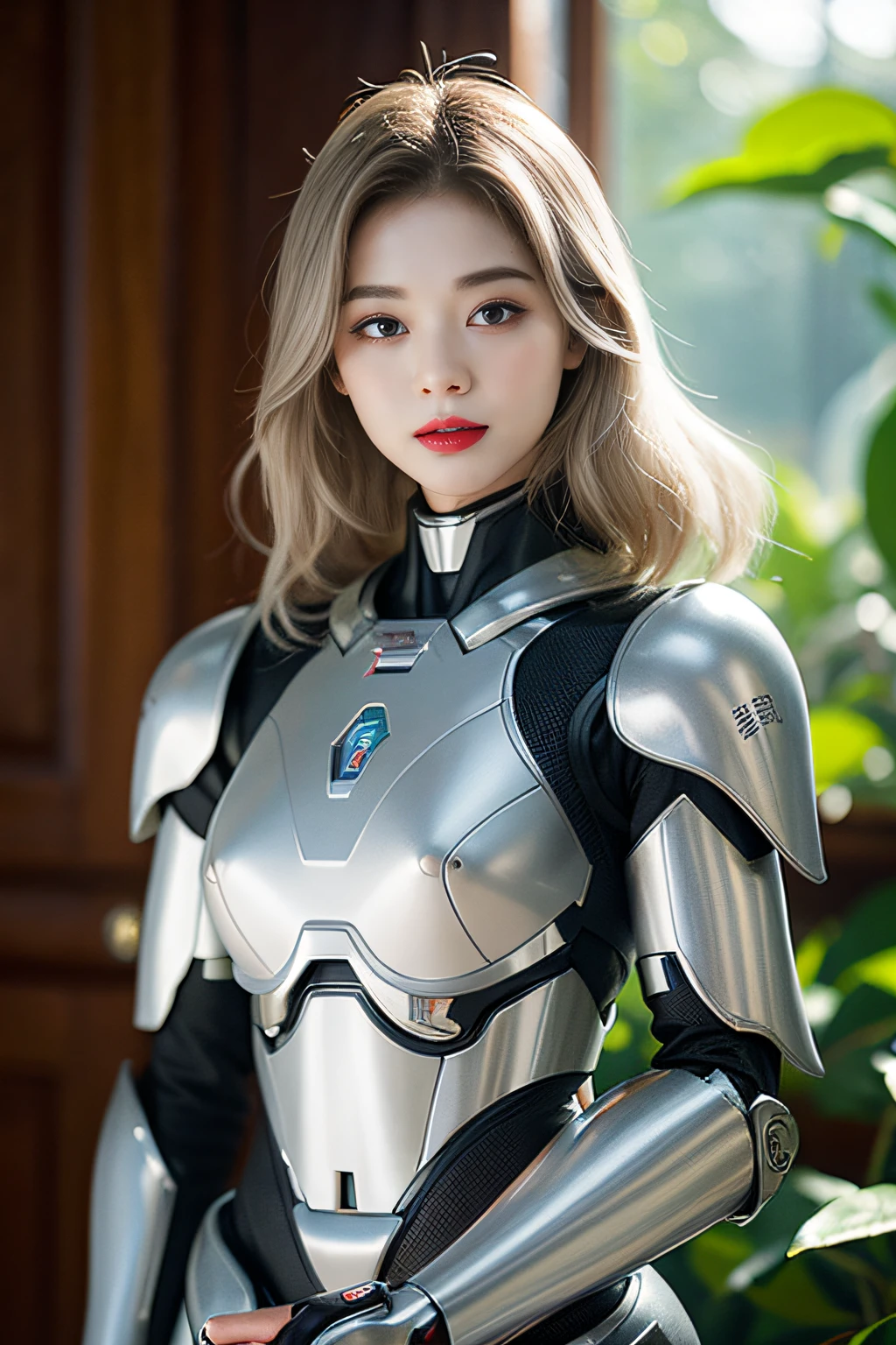 Top quality work, Photorealistic works,Ultra Premium Graphics,8K HD CG works,High-quality graphics,High-definition fine CG works,10x pixel,Ultra-fine details:1.1,Advanced technical details:1.1Photographically realistic,Indoor lighting effects:1.5,Natural light:1.5. light effect(Virtual Light Effects:1.8),超A high resolution ,Transparent hair,High Detail Hair(Premium Hair Detail:1.1)Clear eyes,Good looking double eyelids,Sharp eye makeup, Delicate makeup for eyelashes, Thin eyebrows, ultradetailed eyes,High Nose, lovely red lips, Rose cheeks, Face with delicate makeup , Pretty Face, A perfectly proportioned face,(Advanced facial details:1.1), Women's Artwork,full-body view,amazing,Today's eyes are bright crafted woman in a futuristic suit holding a sword and a sword, Cute cyborg girl, Girl in Mecha Cyber Armor, beautiful white girl cyborg, gynoid cyborg body, perfect android girl, Perfect Anime Cyborg Woman, Beautiful girl cyborg, Cyborg girl, cyborg - girl with silver hair, armor girl, beautiful alluring female cyborg