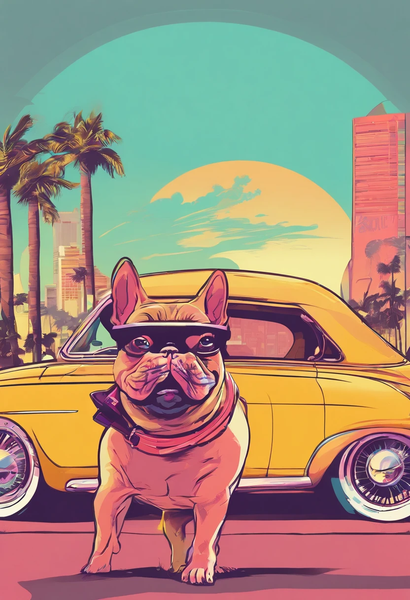French Bulldog, Brindle color, lunette de soleil, Miami, voiture de luxe, nom Pumba
