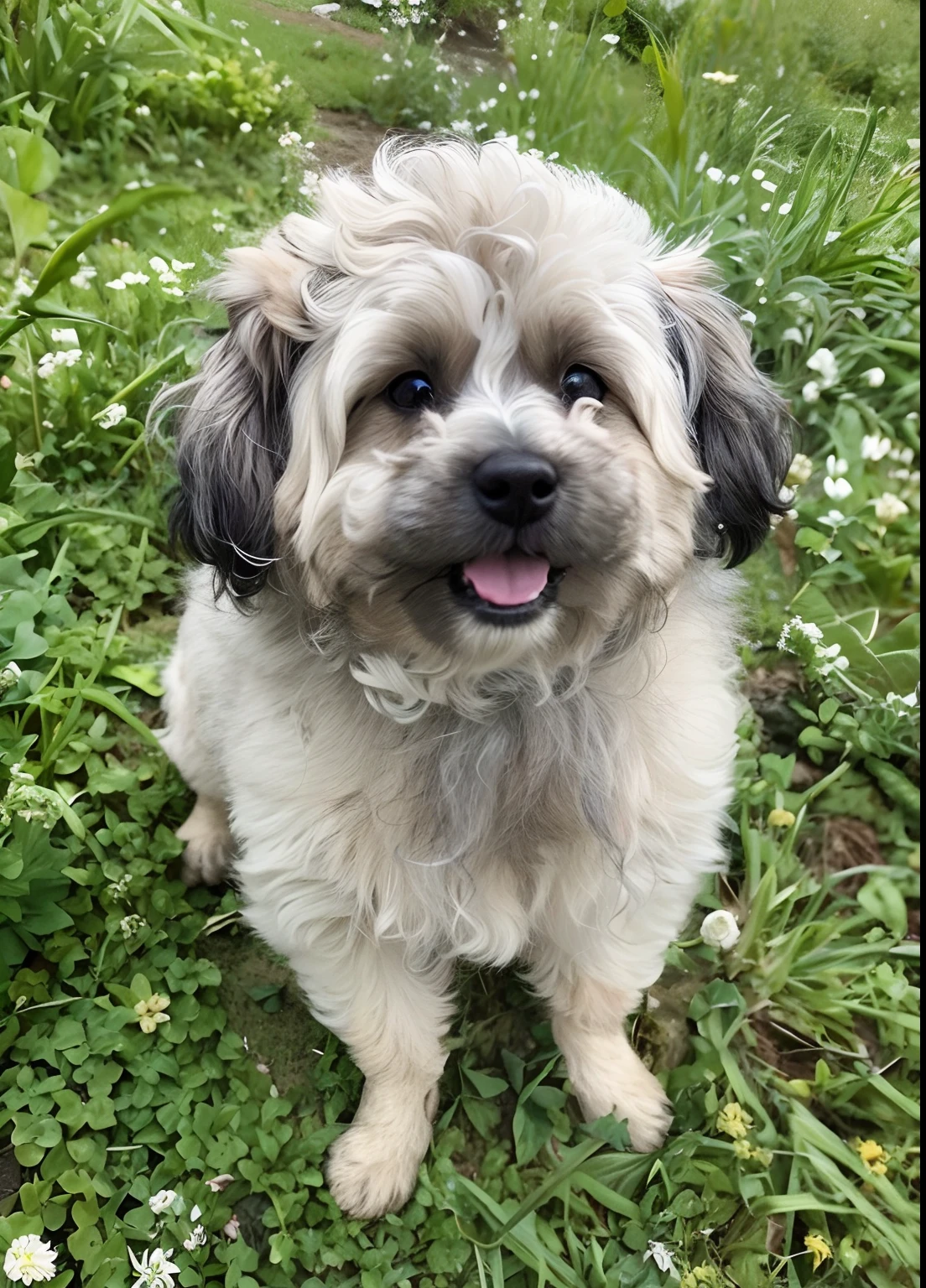 There is a small dog sitting on the grass,There are small flowers in the meadow,scruffy looking,Breed teddy and bichon and Chinese pastoral dog mix, Open-mouthed,Red tongue,The hairs at the tips of the ears are black,The body color is brown and whitish,The nose and surrounding hairs are black,staring right into camera, very silly looking, Taken in the early 20s of the 21st century, A handsome, Cute furry, front portrait
