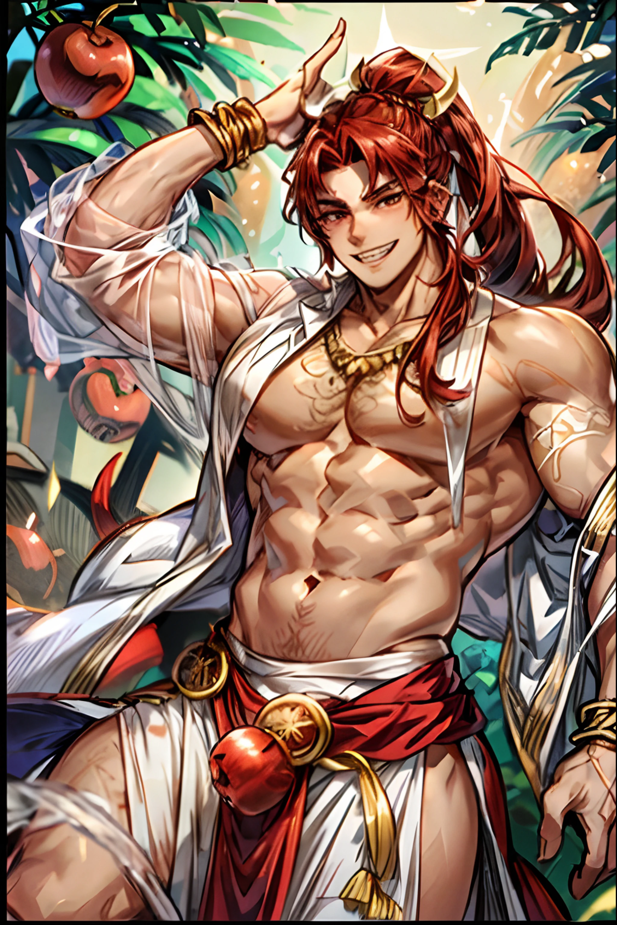 clear details, clear face, 1boy, ancient greek, long wild copper red hair, waist length hair, bright red eyes, grin, sharp teeth, greek toga, muscular, large pecs, light skin, white greek toga, golden apple tree, evil, snake arm tattoo, dragon, muscular, grin, slight stubble, long hair, above the waist