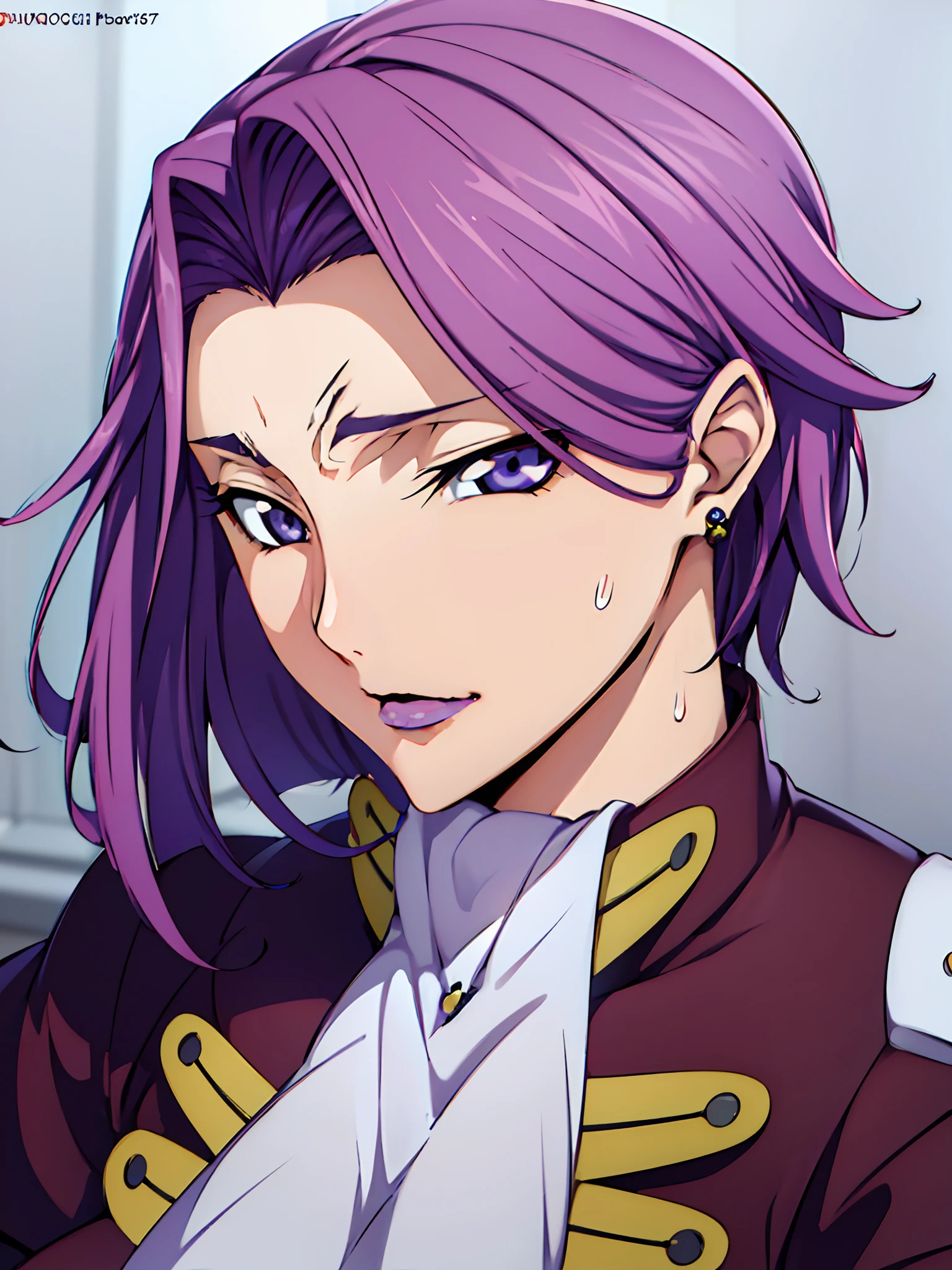 Simple white background,
purple outfit,Military, Military uniform,
(((Purple hair))),Purple eyes, ((((Straight hair)))),makeup,
1 girl, 35 year old,A MILF,Beautiful Finger,Beautiful long legs,Beautiful body,
Beautiful nose,Beautiful character design, Perfect eyes, Perfect face,Expressive eyes,Perfect balance,
Looking at Viewer,(Focus on her face),Closed mouth, (Innocent_Big_Eyes:1.0),(light_Smile:0.3),
Official art,Highly detailed CG Unity 8k wallpaper, Perfect Lighting,Colorful, Bright_front_Face_Lighting,White skin,
(masutepiece:1.0),(best_quality:1.0), 超A high resolution,4K,Ultra-detailed,
Photography, 8K, nffsw, hight resolution, absurderes:1.2, Kodak Portra 400, Film grain, Blurry background, Bokeh:1.2, Lens Flare, (Vibrant_Color:1.2),professional photograpy,
(Beautiful,breasts:1.0), (Beautiful_Face:1.5),(narrow_waist),((((((((very_Short_Back_hair)))))))),((((wanting_earrings)))), (((((hair slicked back)))))
