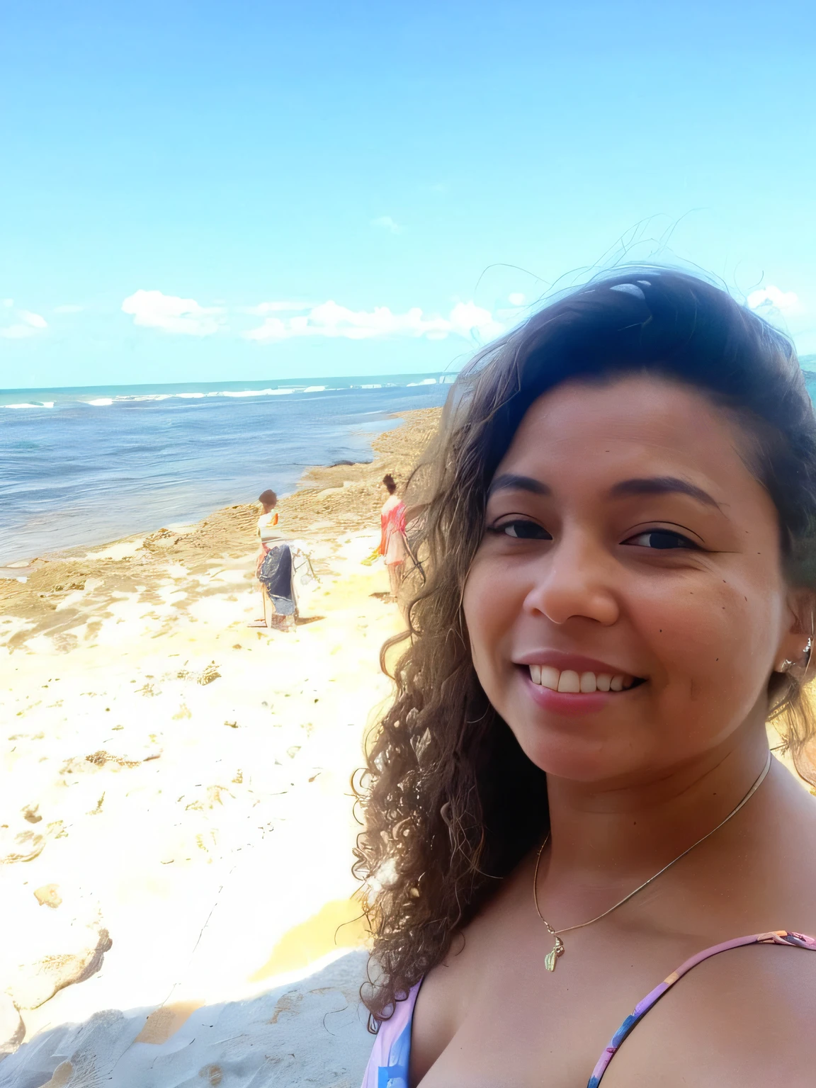 There is a brunette woman in a pink bikini posing for a photo, on the beach at sunset, Malika Favre, imagem de perfil, posando em uma praia com o oceano,