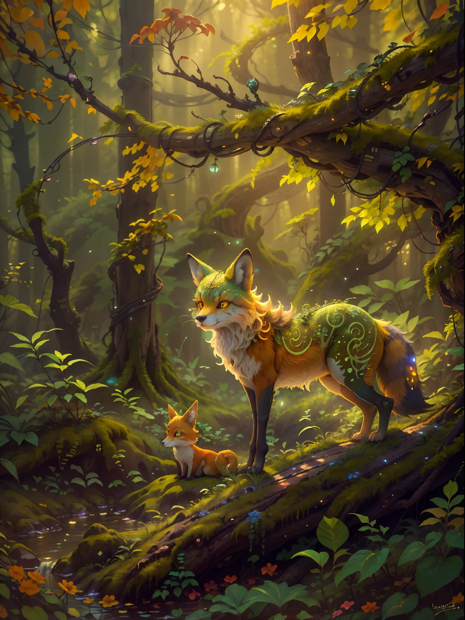 (best quality,4k,8k,highres,masterpiece:1.2),ultra-detailed,(realistic,photorealistic,photo-realistic:1.37),detailed eyes,detailed features,large ears,nine-tailed fox,beautiful,striped fur,graceful,noble,bright eyes,sharp teeth,young,vibrant colorful fur,ethereal,mesmerizing glow[natural],mystical forest,mysterious atmosphere,peaceful,tranquil,serene,green trees,thick canopy,[lush,thick,dense] foliage,[various kinds and shapes of][colorful,wild,vibrant] flowers,gentle sunlight streaming through the leaves,soft rays of light,pure,crisp air,hint of magic in the air,glowing orbs of light,hovering,illuminating,soft and warm light,blinking lights in different colors,harmony between the fox and the forest,nine wispy tails,flowing and gracefully moving with every step,vibrant energy surrounding the fox,whispering breezes,rays of sunlight filtering through the trees,peaceful and calm atmosphere,graceful movements,deep connection between the fox and its surroundings