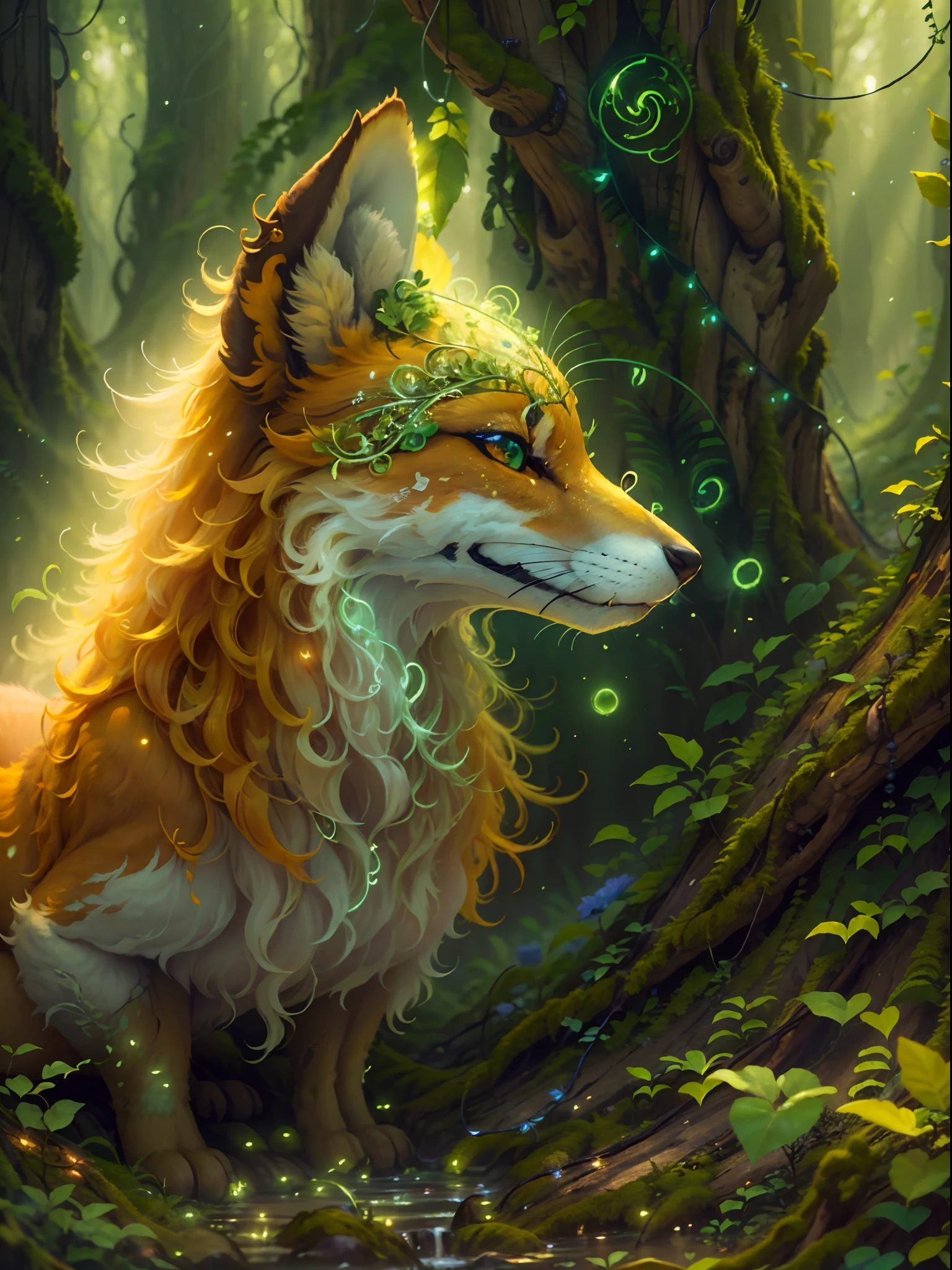 (best quality,4k,8k,highres,masterpiece:1.2),ultra-detailed,(realistic,photorealistic,photo-realistic:1.37),detailed eyes,detailed features,large ears,nine-tailed fox,beautiful,striped fur,graceful,noble,bright eyes,sharp teeth,young,vibrant colorful fur,ethereal,mesmerizing glow[natural],mystical forest,mysterious atmosphere,peaceful,tranquil,serene,green trees,thick canopy,[lush,thick,dense] foliage,[various kinds and shapes of][colorful,wild,vibrant] flowers,gentle sunlight streaming through the leaves,soft rays of light,pure,crisp air,hint of magic in the air,glowing orbs of light,hovering,illuminating,soft and warm light,blinking lights in different colors,harmony between the fox and the forest,nine wispy tails,flowing and gracefully moving with every step,vibrant energy surrounding the fox,whispering breezes,rays of sunlight filtering through the trees,peaceful and calm atmosphere,graceful movements,deep connection between the fox and its surroundings