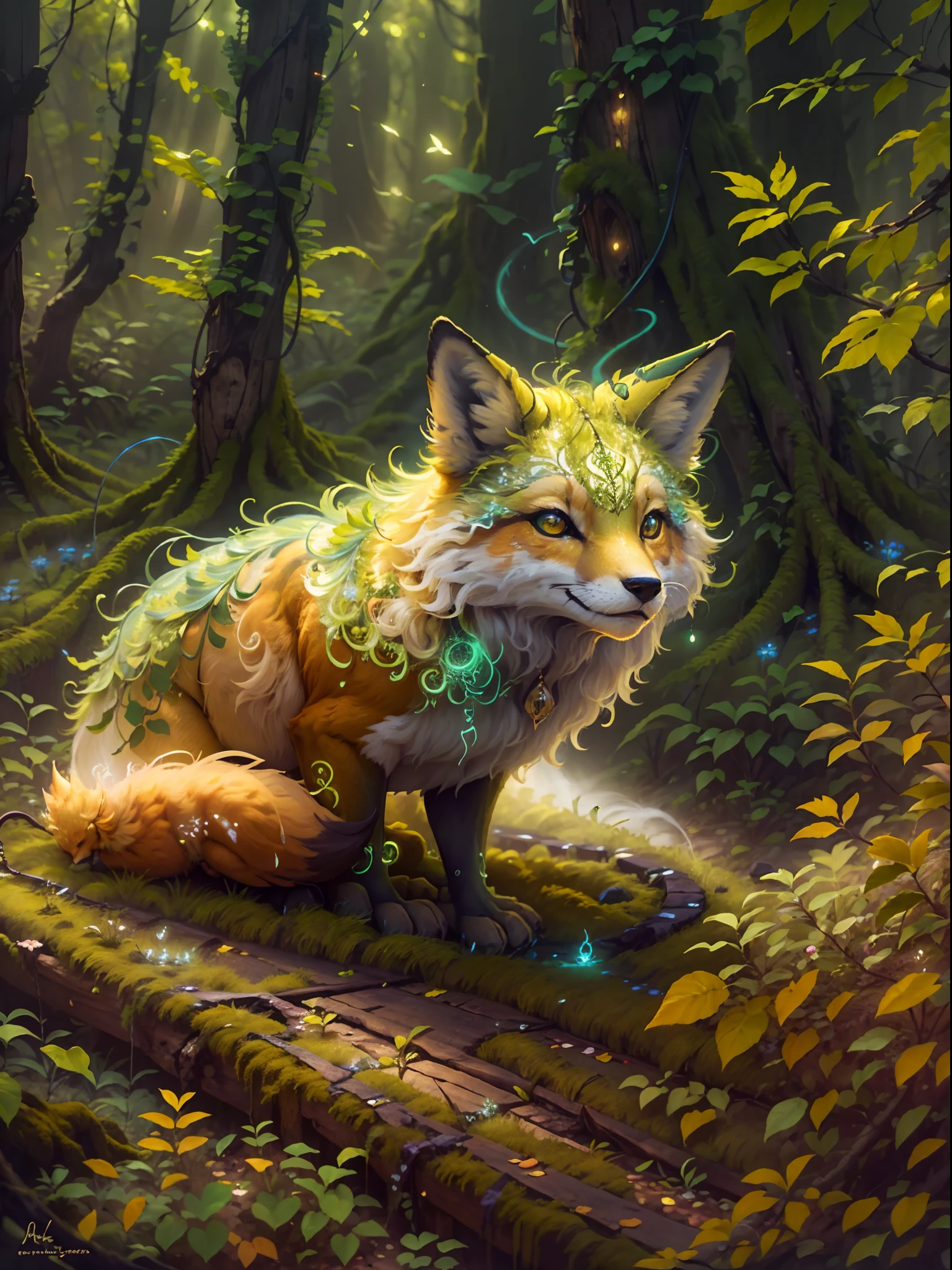 (best quality,4k,8k,highres,masterpiece:1.2),ultra-detailed,(realistic,photorealistic,photo-realistic:1.37),detailed eyes,detailed features,large ears,nine-tailed fox,beautiful,striped fur,graceful,noble,bright eyes,sharp teeth,young,vibrant colorful fur,ethereal,mesmerizing glow[natural],mystical forest,mysterious atmosphere,peaceful,tranquil,serene,green trees,thick canopy,[lush,thick,dense] foliage,[various kinds and shapes of][colorful,wild,vibrant] flowers,gentle sunlight streaming through the leaves,soft rays of light,pure,crisp air,hint of magic in the air,glowing orbs of light,hovering,illuminating,soft and warm light,blinking lights in different colors,harmony between the fox and the forest,nine wispy tails,flowing and gracefully moving with every step,vibrant energy surrounding the fox,whispering breezes,rays of sunlight filtering through the trees,peaceful and calm atmosphere,graceful movements,deep connection between the fox and its surroundings