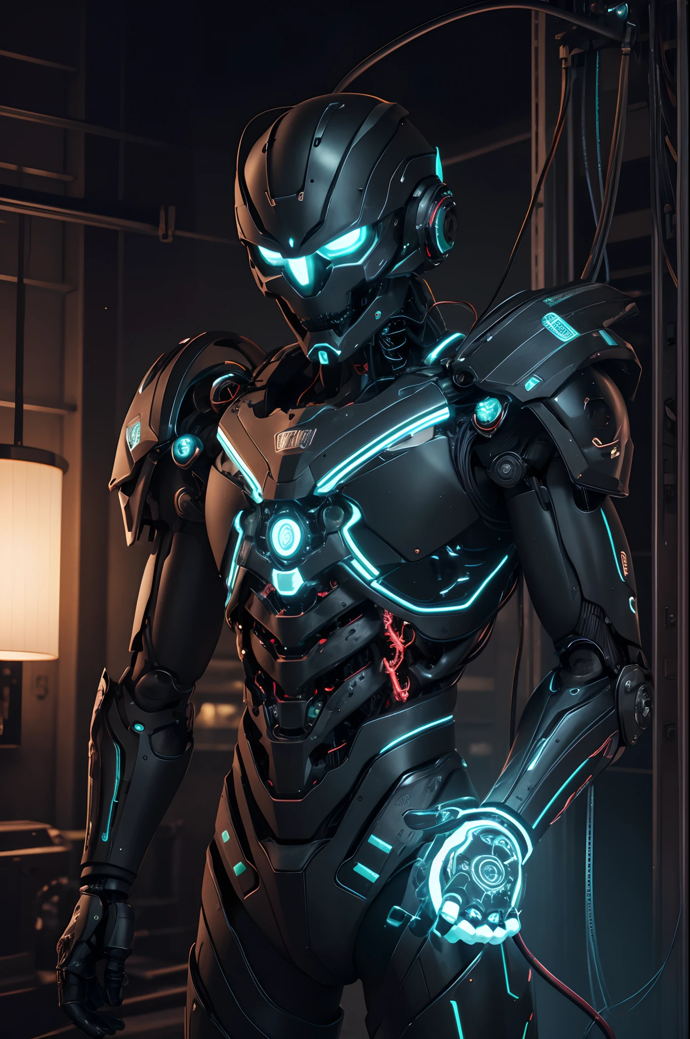 1 Handsome upper body only made,The skeleton and internal circuits of the machine are built,Mechanical Boy of the Upper Body,((super realistic details)),and countless cables extending from the back,A camera eye that glows red in only one eye,A small sparkling blue crystal on the left chest,Half of the jaw is a machine,Boat Rate,globalillumination,Shadu,octan render,8K,ultrasharp,metal,Convolut,Ornament Detail,Cold color,Egyptian Detail,highly intricate detail,Realistic luminescence,Trends in CGS Society、radiant eyes、Camera orientation、Neon Detail、Mechanical limbs、Blood vessels connected to tubes、Mechanical vertebrae attached to the back、Mechanical cervical neck is attached,、Sedentary posture、Wires and cables tied to the head、Head of the machine,a handsome、Connected to many cables、The exterior emits LEDs that have no color、android、Produced only the upper body、Internal structure of the machine、Lots of wires and cables、to be continued,Chest armor purge,Exposed internal combustion engine,Damaged left arm,Peeled shoulder armor,Countless cables are connected to the back,reddish,green grass,amarelo,Green LED,