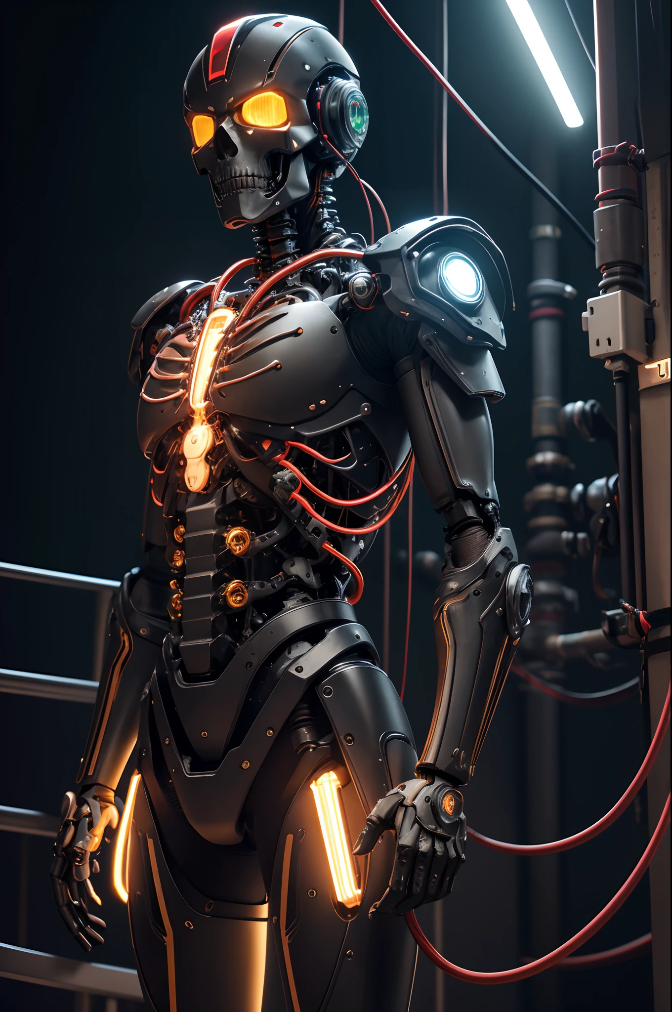 1 Handsome upper body only made,The skeleton and internal circuits of the machine are built,Mechanical Boy of the Upper Body,((super realistic details)),and countless cables extending from the back,A camera eye that glows red in only one eye,A small sparkling blue crystal on the left chest,Half of the jaw is a machine,Boat Rate,globalillumination,Shadu,octan render,8K,ultrasharp,metal,Convolut,Ornament Detail,Cold color,Egyptian Detail,highly intricate detail,Realistic luminescence,Trends in CGS Society、radiant eyes、Camera orientation、Neon Detail、Mechanical limbs、Blood vessels connected to tubes、Mechanical vertebrae attached to the back、Mechanical cervical neck is attached,、Sedentary posture、Wires and cables tied to the head、Head of the machine,a handsome、Connected to many cables、The exterior emits LEDs that have no color、android、Produced only the upper body、Internal structure of the machine、Lots of wires and cables、to be continued,Chest armor purge,Exposed internal combustion engine,Damaged left arm,Peeled shoulder armor,Countless cables are connected to the back,reddish,green grass,amarelo,Green LED,