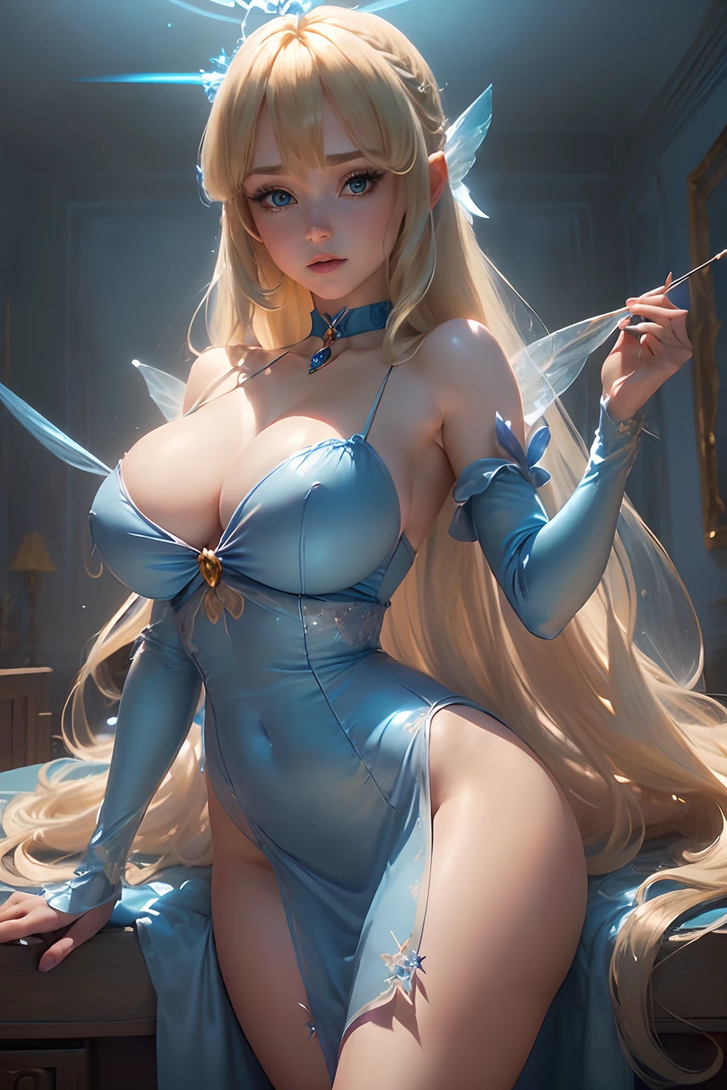 ((The blue fairy from pinochio animated disney movie)) ((beautiful face)) ((long blonde hairstyle with bangs)) ((very huge breasts)) (perfect slim body) ((wears spackling blue dress)) ((choker, fairy wings))((hold magic wand on hand)) ((posing sexy inside gepeto house)) (high definition, dynamic lights and shadows) ((masterpiece)) (8k) (perfect face) (best quality) (perfect hands) ((sparcling fairy dust flowing around)) ((fairy wings))