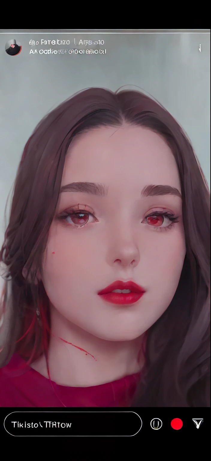 A closeup of a woman with long hair and a red sweater, Batom vermelho no rosto, faint red lips, small and thick red lips, she's facing the camera, thick red lips, fechar o rosto, lips slightly parted, both have red lips, close up no rosto, tiktok video, low quality video, red lips