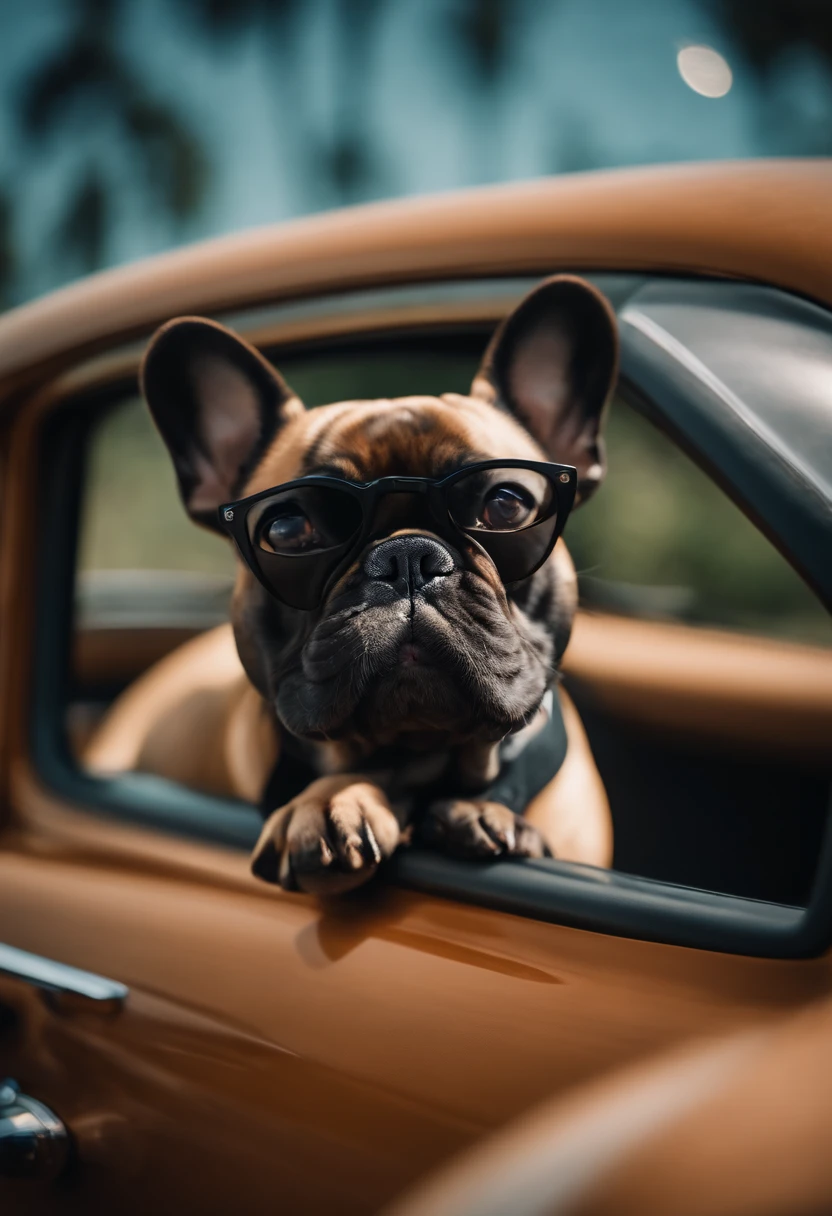 French Bulldog, Couleur noir et marron, Lunette de soleil, Miami, Voiture de luxe