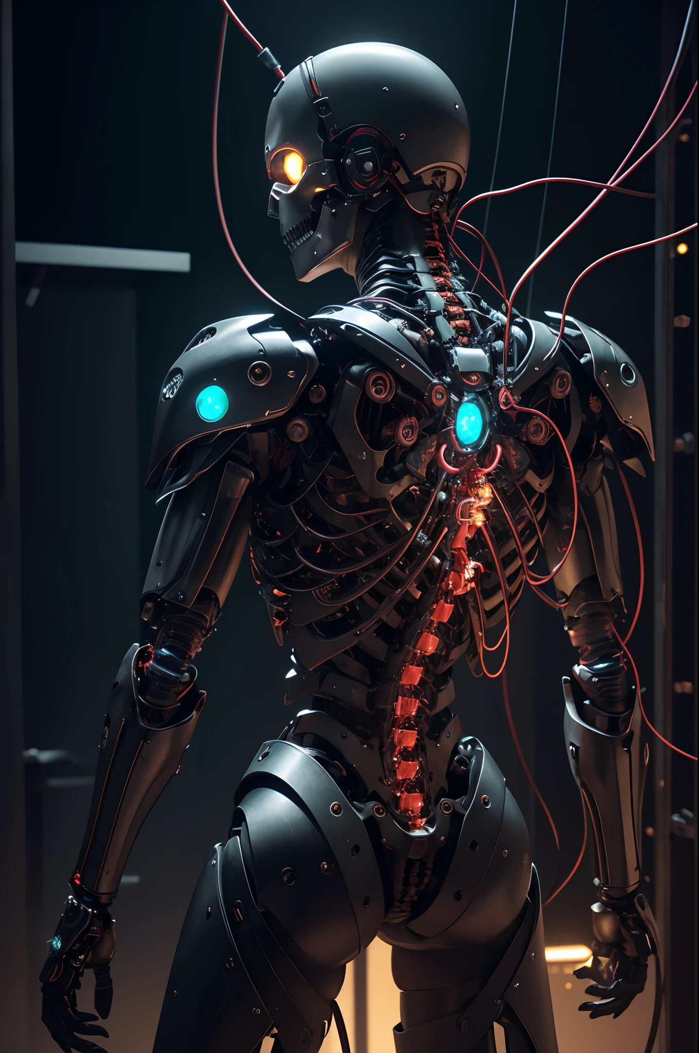 1 Handsome upper body only made,The skeleton and internal circuits of the machine are built,Mechanical Boy of the Upper Body,((super realistic details)),and countless cables extending from the back,A camera eye that glows red in only one eye,A small sparkling blue crystal on the left chest,Half of the jaw is a machine,Boat Rate,globalillumination,Shadu,octan render,8K,ultrasharp,metal,Convolut,Ornament Detail,Cold color,Egyptian Detail,highly intricate detail,Realistic luminescence,Trends in CGS Society、radiant eyes、Camera orientation、Neon Detail、Mechanical limbs、Blood vessels connected to tubes、Mechanical vertebrae attached to the back、Mechanical cervical neck is attached,、Sedentary posture、Wires and cables tied to the head、Head of the machine,a handsome、Connected to many cables、The exterior emits LEDs that have no color、android、Produced only the upper body、Internal structure of the machine、Lots of wires and cables、to be continued,Chest armor purge,Exposed internal combustion engine,Damaged left arm,Peeled shoulder armor,Countless cables are connected to the back,reddish,green grass,amarelo,Green LED,