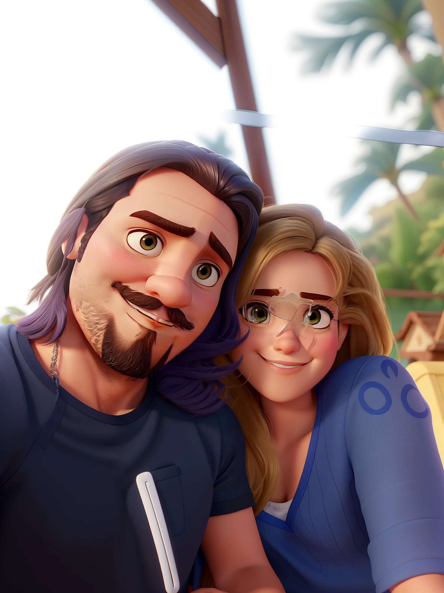 Casal estilo disney pixar melhor qualidade alta qualidade. Homem moreno cabelo comprido crespo barba e mulher loira olhos azuis cabelos longos lisos