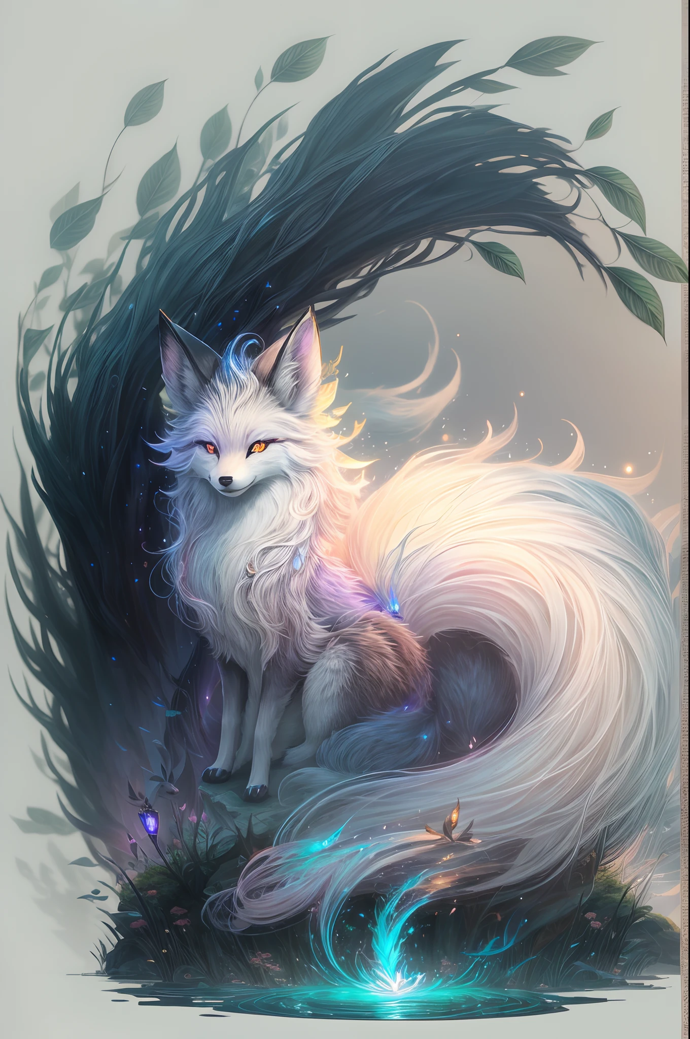 Fairy-like landscape, sacred nine-tailed black fox fairy, small head, majestic spirit, very visible hair, big tail, nine-tailed, nine-tailed, vista, very visible, Chinese art, clever lighting, hazy responsibility, Mohabak protecting the fox, stream, charming, immortal, fluffy, shiny mane, sideway full body, Wonderland, Studio Ghibli, Super wide Angle, 8k