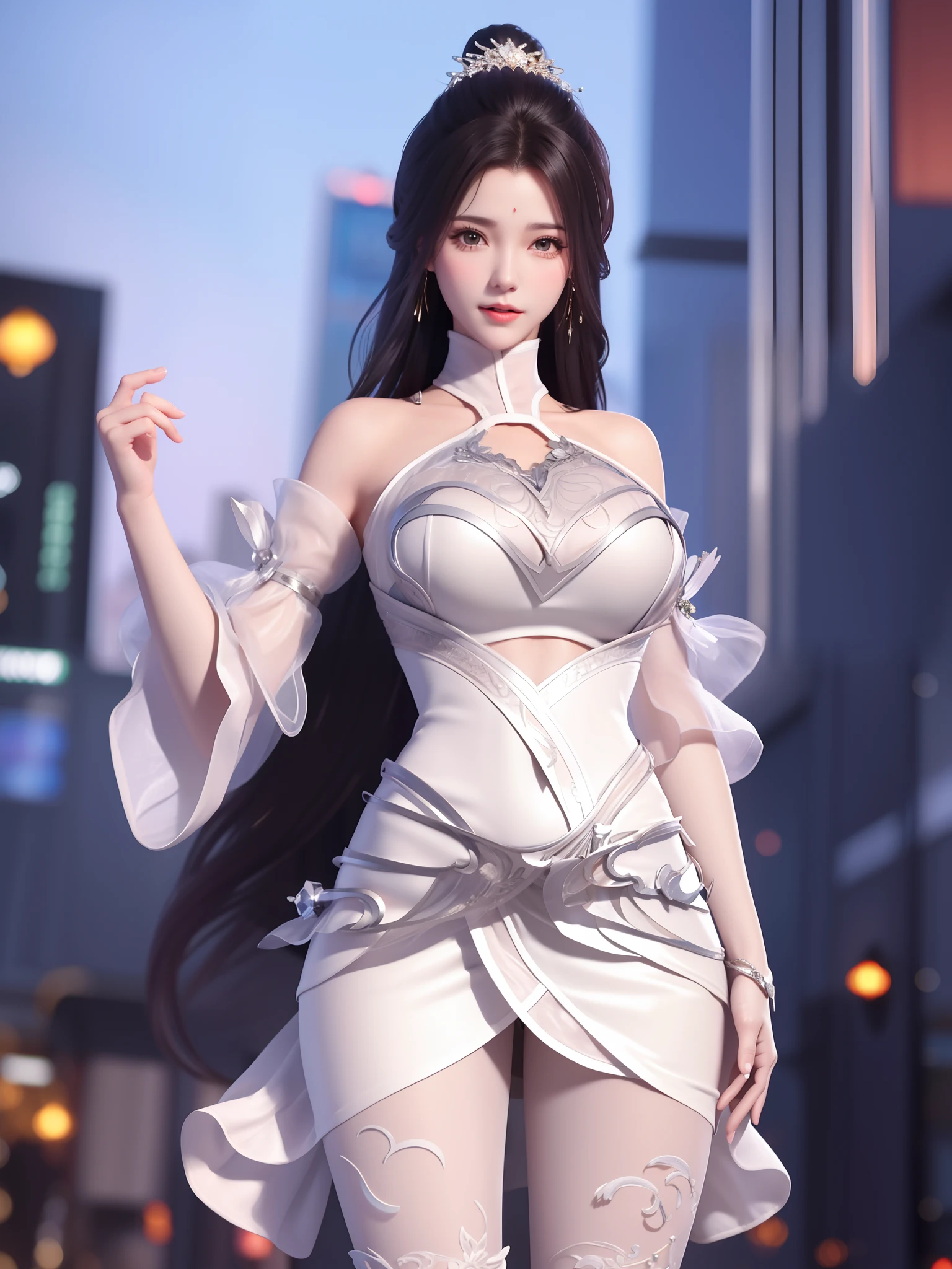 1girl,rabbit ears,long dress,long hair, hair ornament, ponytail, collar,metal collar,shiny,cityscape, night, looking at viewer, mature female,Master quality, highest quality, best picture quality, exaggerated details, goddess moonlight 9   asian little gth a shy expression,a close up , teen girl wither nice boobs(long hair / very, very exaggerated big breasts and tight, round breasts) , posing in front of the camera, having , wet breast under wear, wet breast hanfu open v chest clothes, full body xianxia,  thin silk fabric wet body, thin silk fabric lace petticoat, she