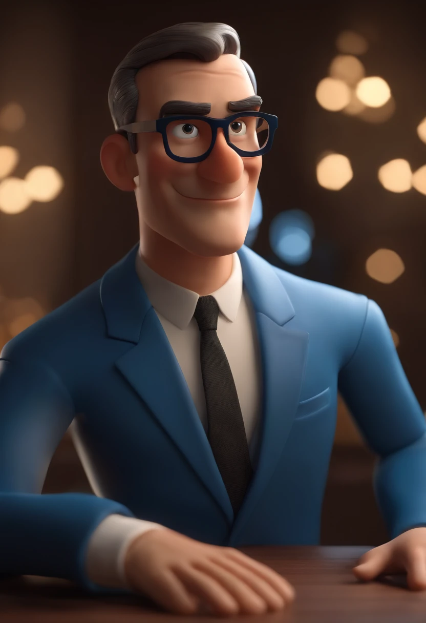 Cartoon character of a man wearing black glasses and a blue shirt, um personagem animado, Caractere estilizado, animation style rendering, 3D estilizado, Arnold Maya render, 3 d render stylized, toon render keyshot, Personagem 3D, Personagem 3D, 3d rendering stylized, 3 d character render, personagem de desenho animado, Personagem de close up, Pose de personagem, (Estilo Pixar) (master part:1.2) (Bokeh) (best quality) (pele detalhada) (textura detalhada) (8k) (argila) (Cinematic lighting) (foco nítido，Senta e vaza a parte superior do corpo