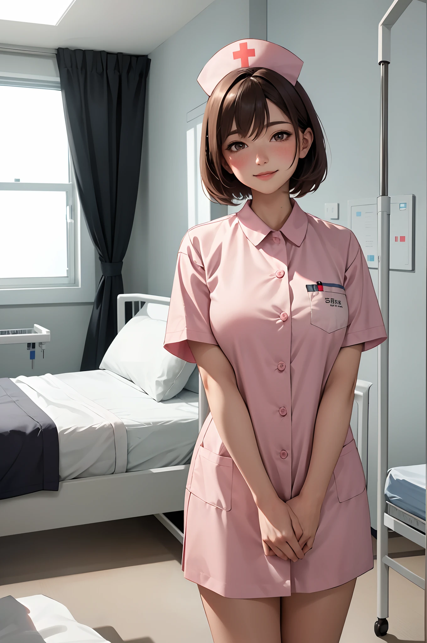1lady standing next to the bed, nurse, /(nurse uniform/), /(brown short hair/), blush kind smile, (masterpiece best quality:1.3) delicate illustration ultra-detailed , large breasts BREAK /(hospital patient room/) patient's bed /(window tree/)