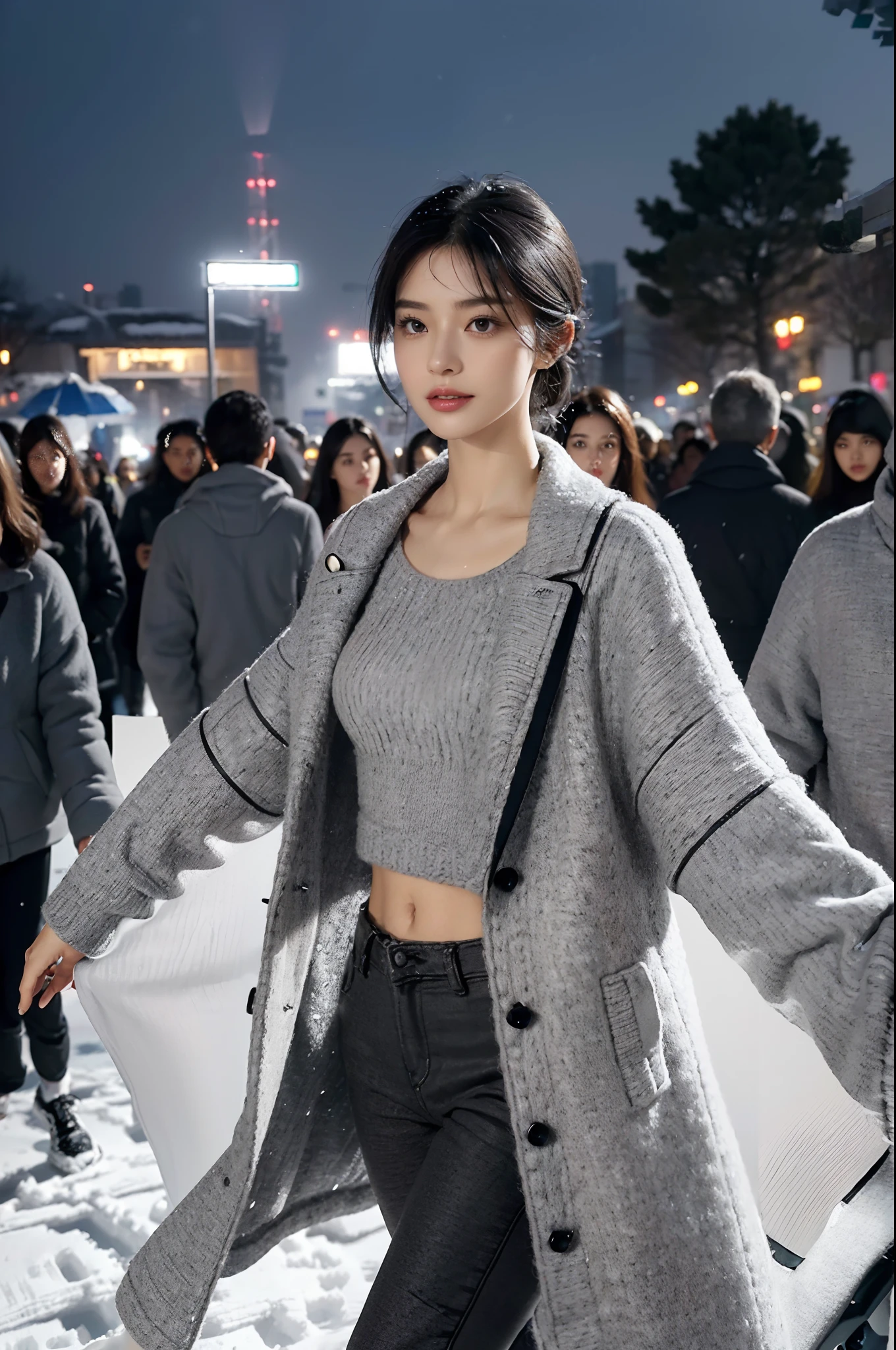(shoulder length straight short black hair:1.2),((((8k))),(Extremely meticulous CG) ,(wallpaper),16k,(Extremely refined and beautiful），（Masterpiece），（best qualtiy：1.0），（Ultra High Resolution：1.0），beautiful light up，Perfect lightning，realistic shaded，[A high resolution],(Smooth and flawless fair skin:1.5),Extremely exquisite facial details,(perfect body：1.1),ultra - detailed,A beautiful girl,small head,(Small breasts:1.1),Flat chests，slim，thin，Smile，cheerfulness,(Light gray woolen coat:1.5),(gray shirt:1.4),(black pants:1.3),(white sneakers:1.2),slender legs,(nightfall:1.5),Sunset light,(Surrounded by a crowded crowd:1.5),At the school gate,(upper body:1.1),from front,(snowy weather:1.1),standing