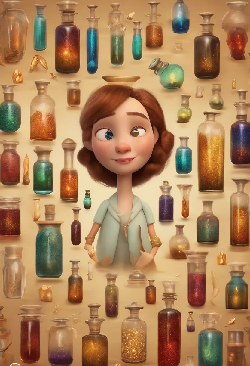 A collector of ideas inspired by Pixar animation, de perto. She is surrounded by a collection of magic vials, each containing a unique idea. The focus is on the character, with a captivating facial expression, In a flickering scenario, cores efervescentes.