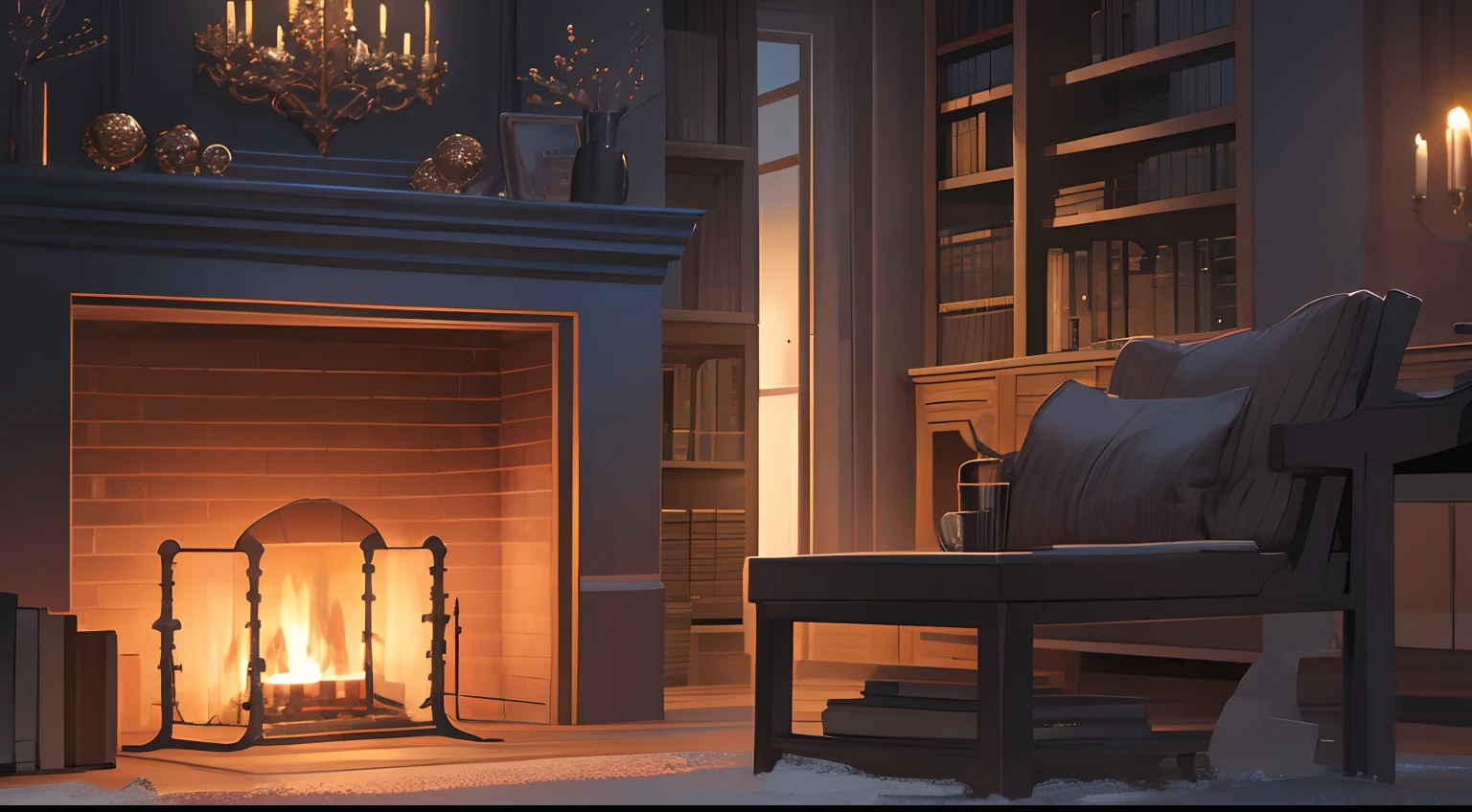 night indoors with fireplace winter illustration top quality graphic dark interior dark color bookcase