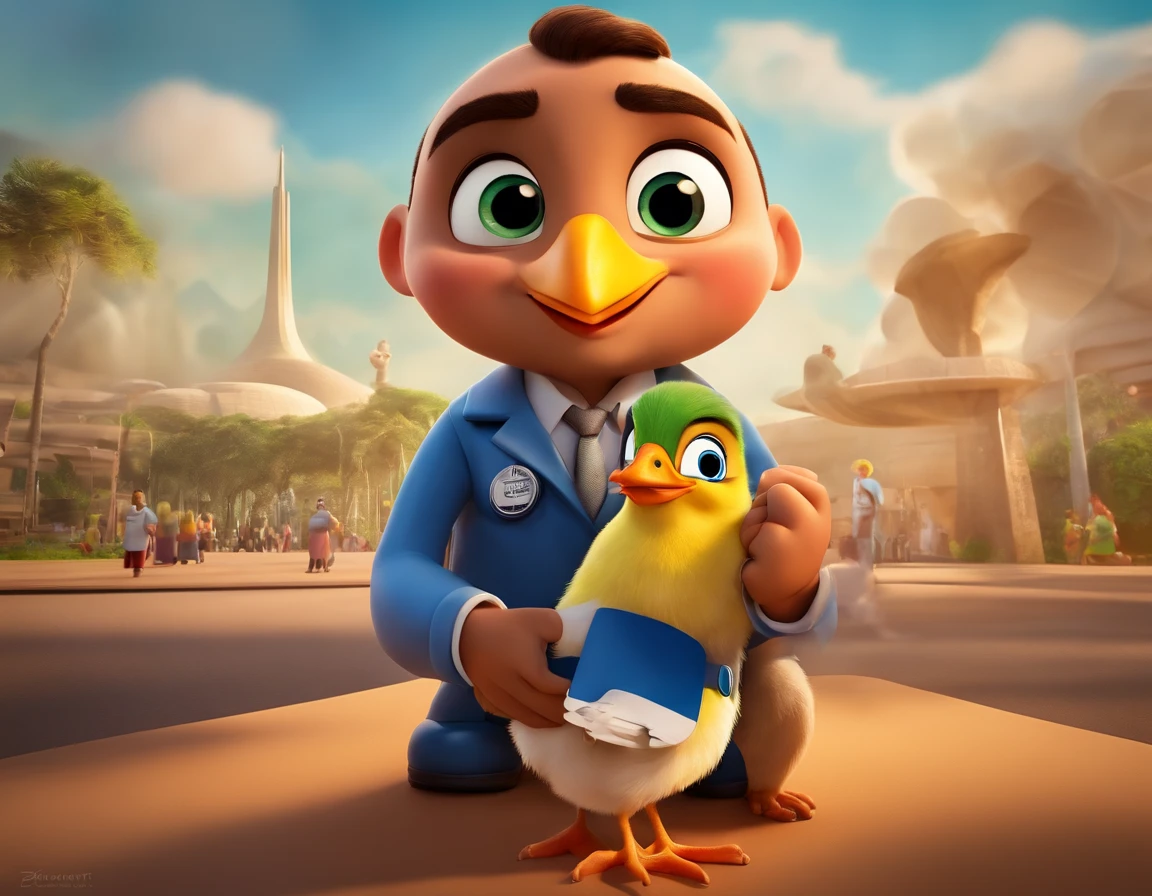 Disney Pixar style post of a veterinarian holding chick with Brasilia National Congress background and Brazil flag written [cna jovem]