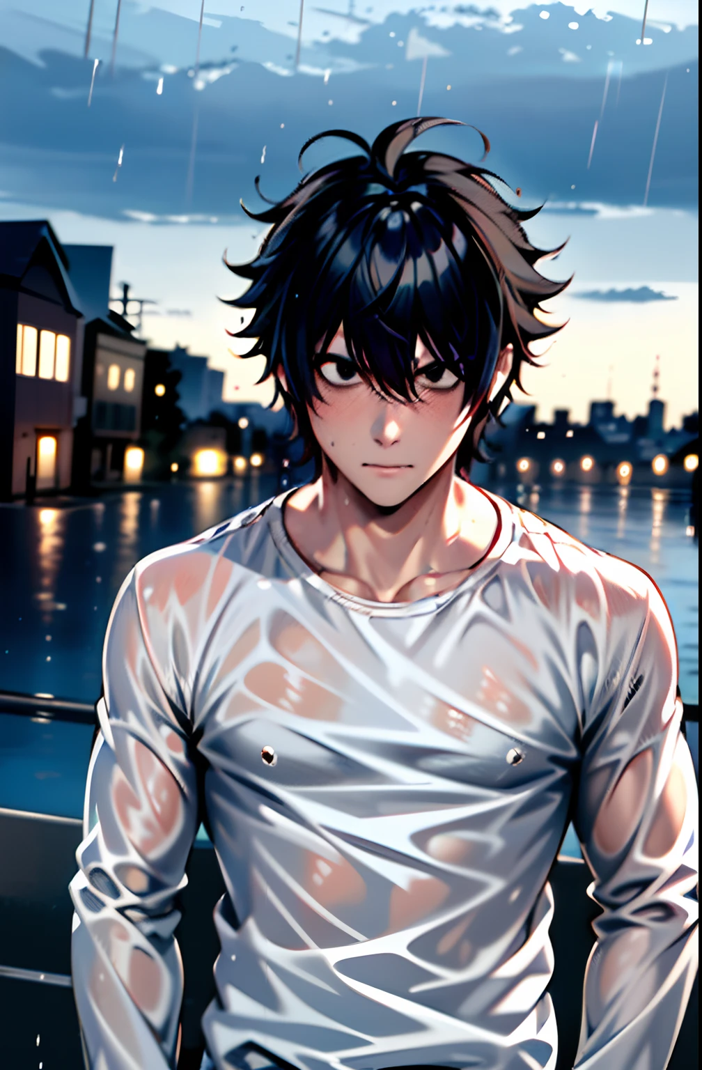 (masterpiece,best quality, detailed), 1boy, male focus,  outdoors, upper body, rain, cloudy sky, cityscape,
l lawliet, white shirt, wet shirt, wet clothes, wet, wet hair, jeans, wide-eyed, long sleeves, serious, closed mouth