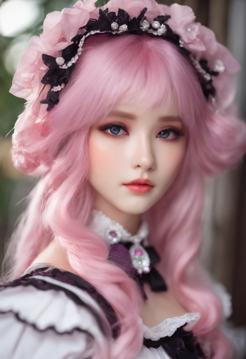 Super delicate and cute girl with pink hair and Lolita skirt. 8K ultra-high image quality, fine texture, with a pure white background.