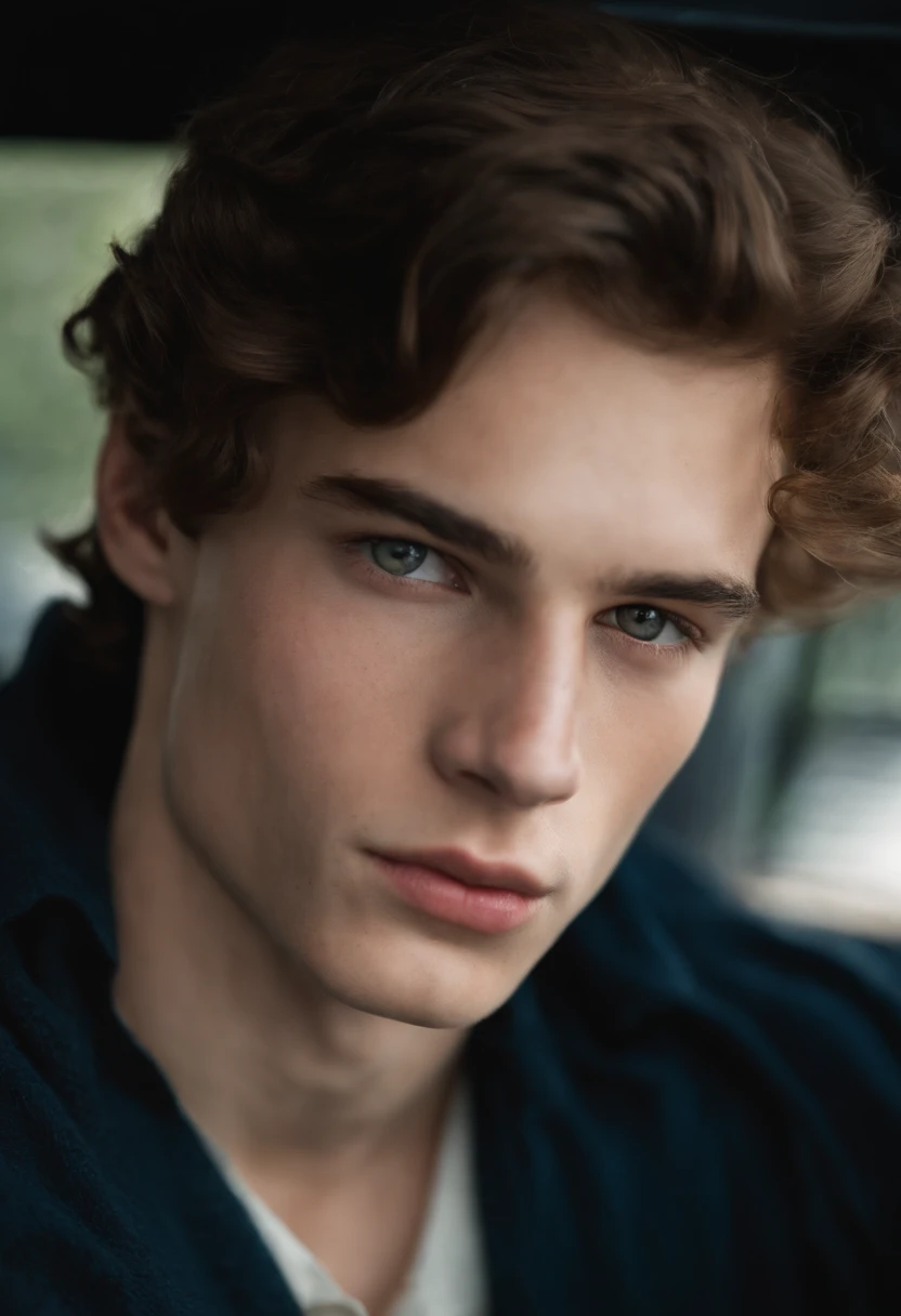 A white boy with slightly slanted brown eyes, a typical Italian thin nose with freckles. medium wavy hair extremely black like the waves of the sea, 18 years old pale skin and striking eyebrows but not that big, noticeable eyelashes reminiscent of freckles and extremely black hair. high qualiy. its a boy 18 years