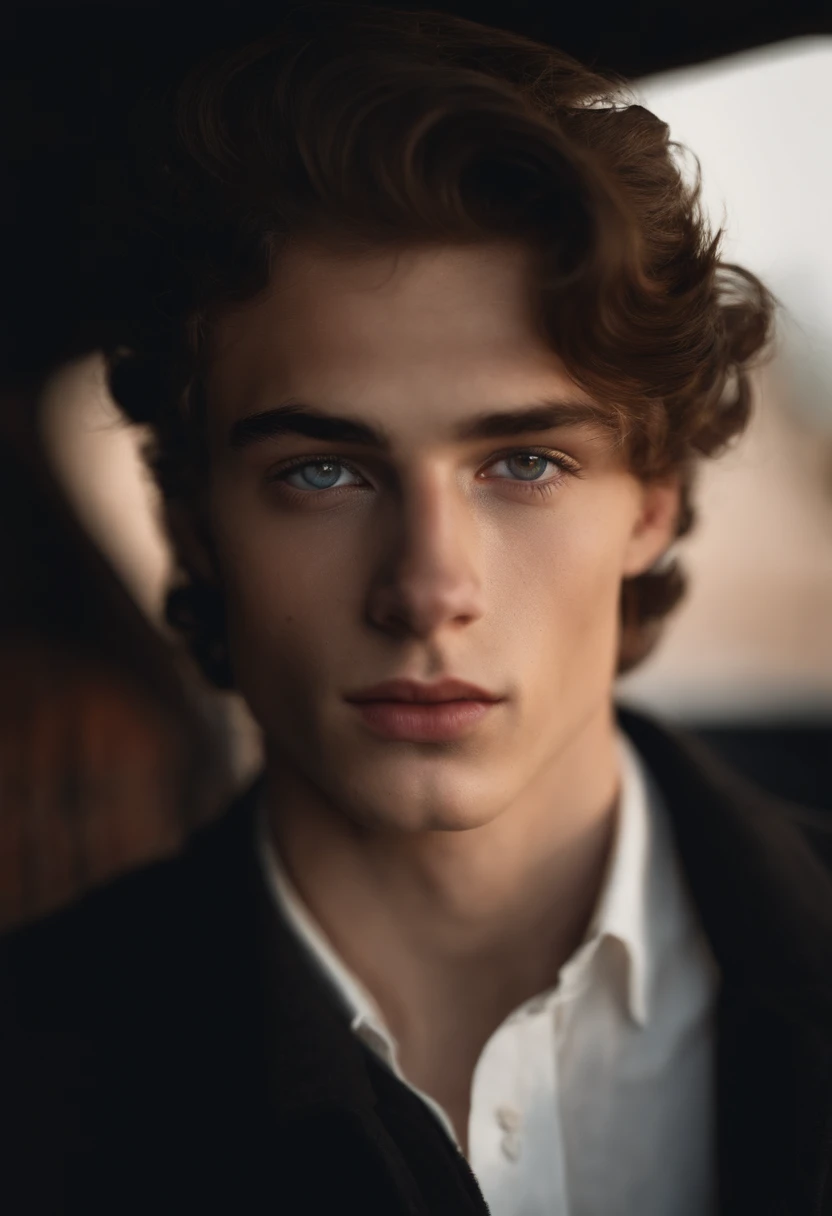 A white boy with slightly slanted brown eyes, a typical Italian thin nose with freckles. medium wavy hair extremely black like the waves of the sea, 18 years old pale skin and striking eyebrows but not that big, noticeable eyelashes reminiscent of freckles and extremely black hair. high qualiy. its a boy 18 years