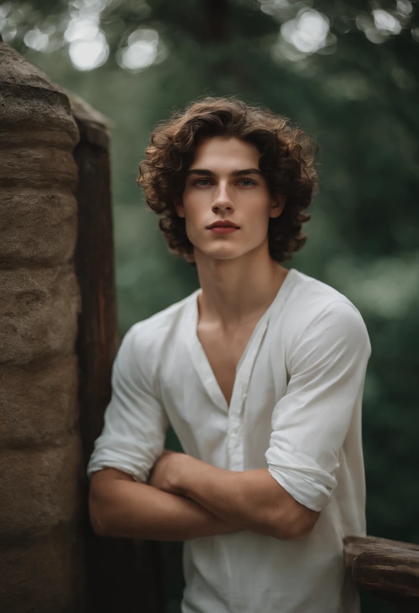A white boy with slightly slanted brown eyes, a typical Italian thin nose with freckles. medium wavy hair extremely black like the waves of the sea, 18 years old pale skin and striking eyebrows but not that big, noticeable eyelashes reminiscent of freckles and extremely black hair. high qualiy. its a boy 18 years