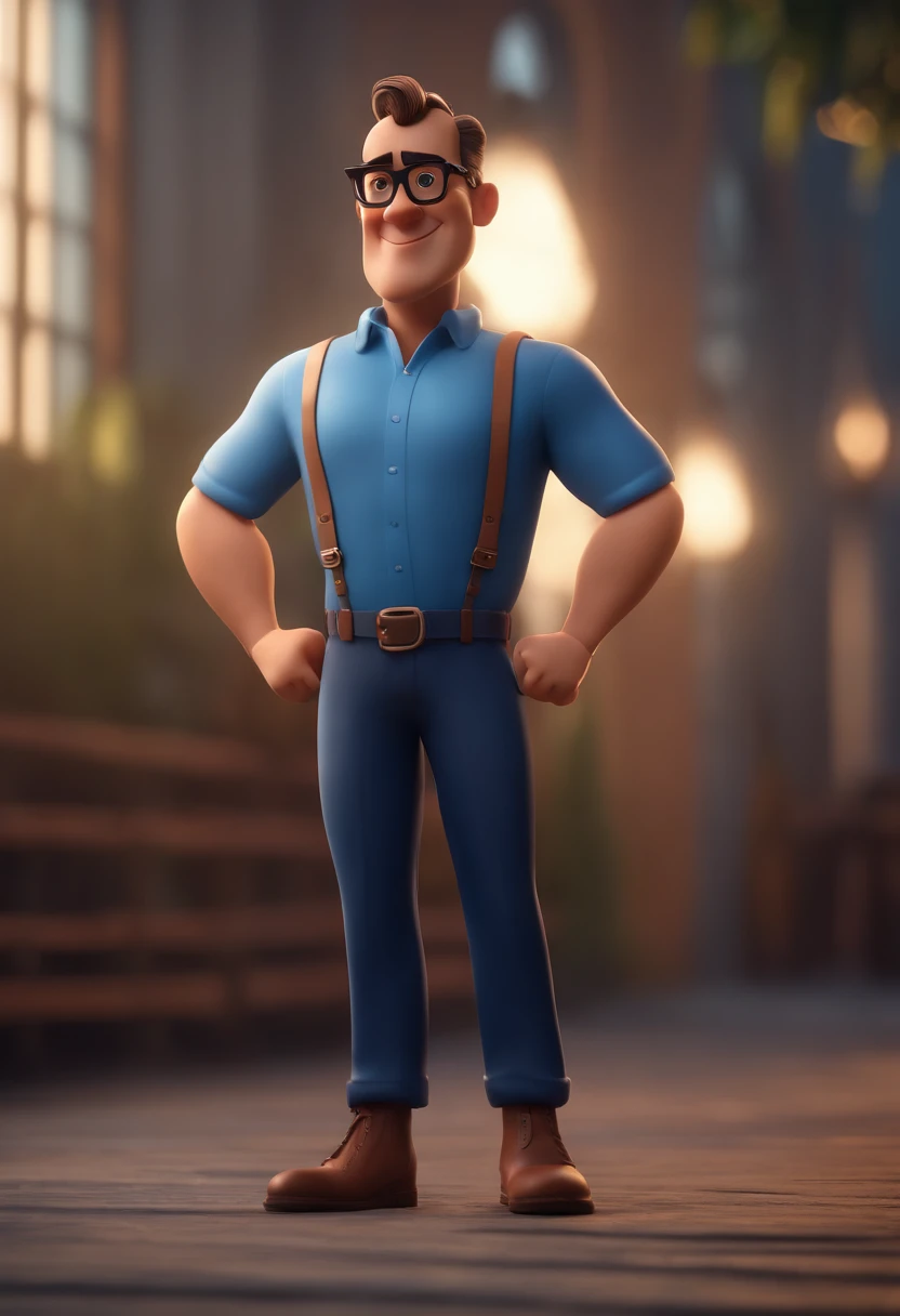 Cartoon character of a man with black glasses and a blue shirt, animation character, Caractere estilizado, animation style rendering, 3D estilizado, Arnold Maya render, 3 d render stylized, toon render keyshot, Personagem 3D, Personagem 3D, 3d rendering stylized, 3 d character render, personagem de desenho animado, Personagem de close up, Pose de personagem,  (Estilo Pixar) (master part:1.2) (Bokeh) (best quality) (pele detalhada) (textura detalhada) (8k) (argila) (Cinematic lighting) (foco nítido