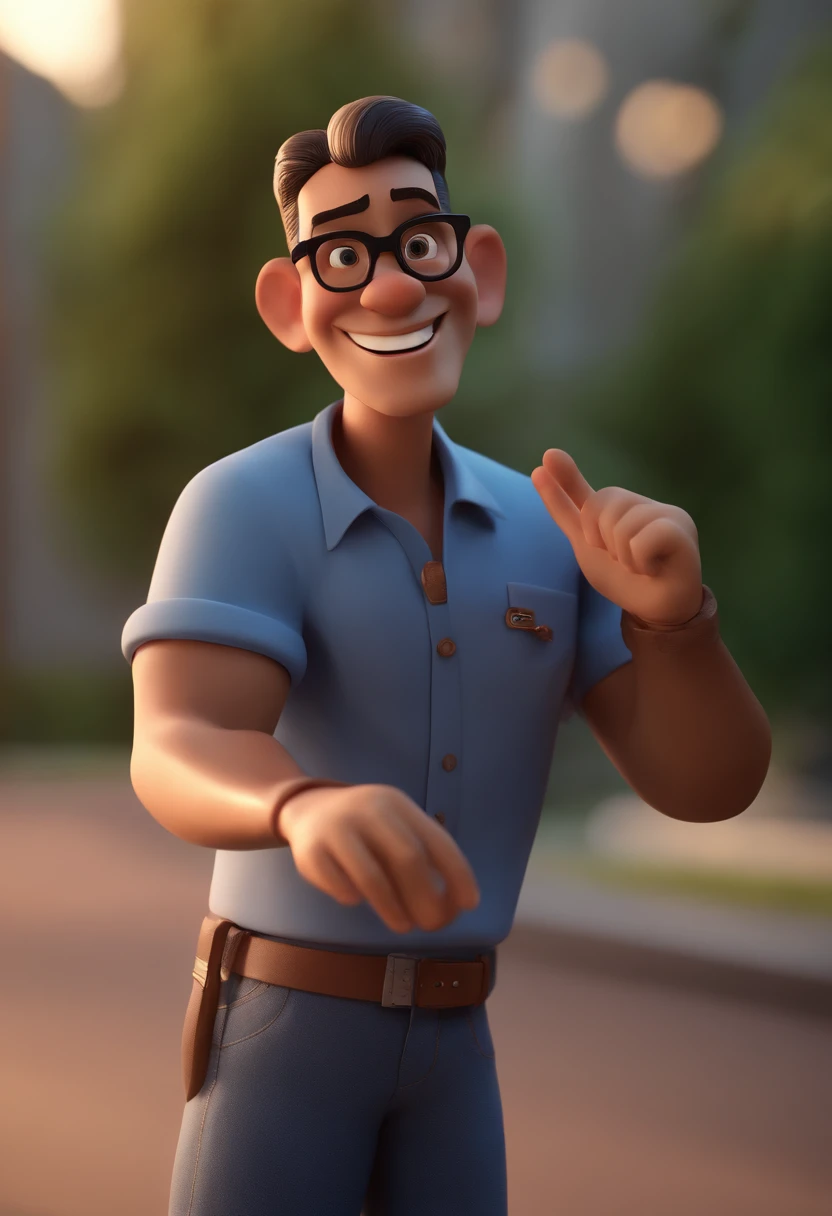 Cartoon character of a man with black glasses and a blue shirt, animation character, Caractere estilizado, animation style rendering, 3D estilizado, Arnold Maya render, 3 d render stylized, toon render keyshot, Personagem 3D, Personagem 3D, 3d rendering stylized, 3 d character render, personagem de desenho animado, Personagem de close up, Pose de personagem, (Estilo Pixar) (master part:1.2) (Bokeh) (best quality) (pele detalhada) (textura detalhada) (8k) (argila) (Cinematic lighting) (foco nítido