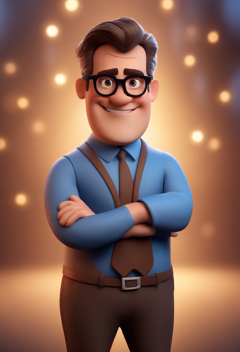 Cartoon character of a man with black glasses and a blue shirt, animation character, Caractere estilizado, animation style rendering, 3D estilizado, Arnold Maya render, 3 d render stylized, toon render keyshot, Personagem 3D, Personagem 3D, 3d rendering stylized, 3 d character render, personagem de desenho animado, Personagem de close up, Pose de personagem,  (Estilo Pixar) (master part:1.2) (Bokeh) (best quality) (pele detalhada) (textura detalhada) (8k) (argila) (Cinematic lighting) (foco nítido