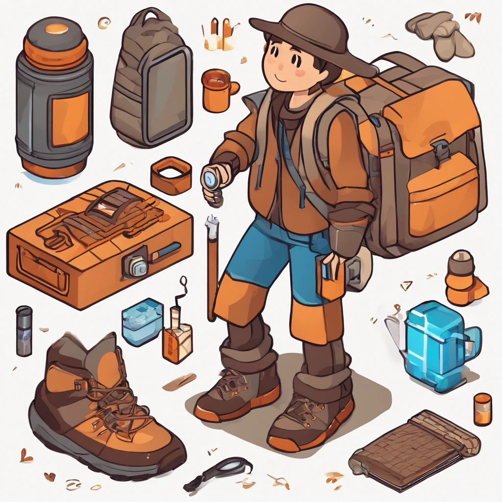 1 brown man((upper body selfie, best quality, ultra-detailed, solo, outdoors, (night), nature, day time, cheerful, happy, backpack, sleeping bag, camping stove, water bottle, mountain boots, gloves, sweater, hat, flashlight, away shot,