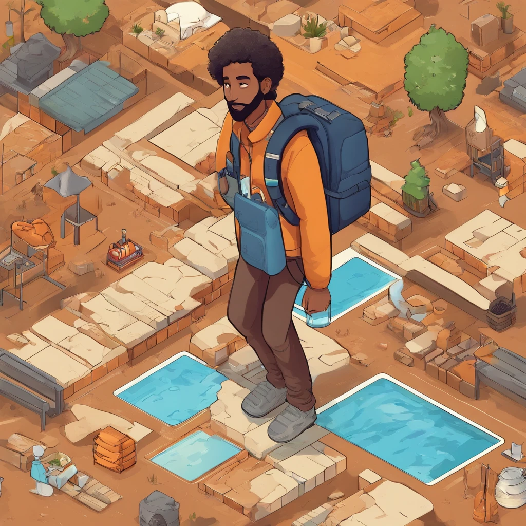 1 brown man((upper body selfie, best quality, ultra-detailed, solo, outdoors, (night), nature, day time, cheerful, happy, backpack, sleeping bag, camping stove, water bottle, mountain boots, gloves, sweater, hat, flashlight, away shot,