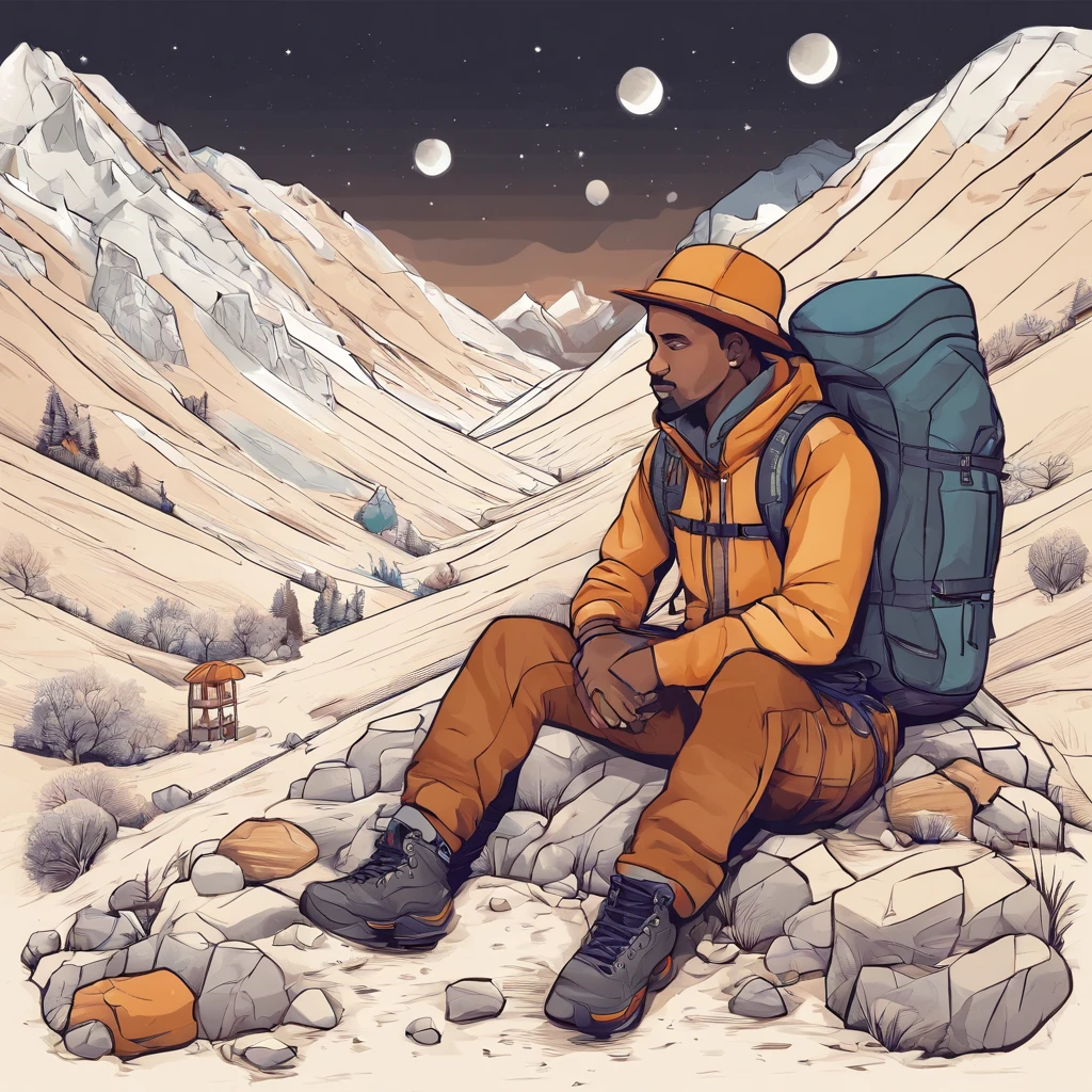 1 brown man((upper body selfie, best quality, ultra-detailed, solo, outdoors, (night), nature, day time, cheerful, happy, backpack, sleeping bag, camping stove, water bottle, mountain boots, gloves, sweater, hat, flashlight, away shot,