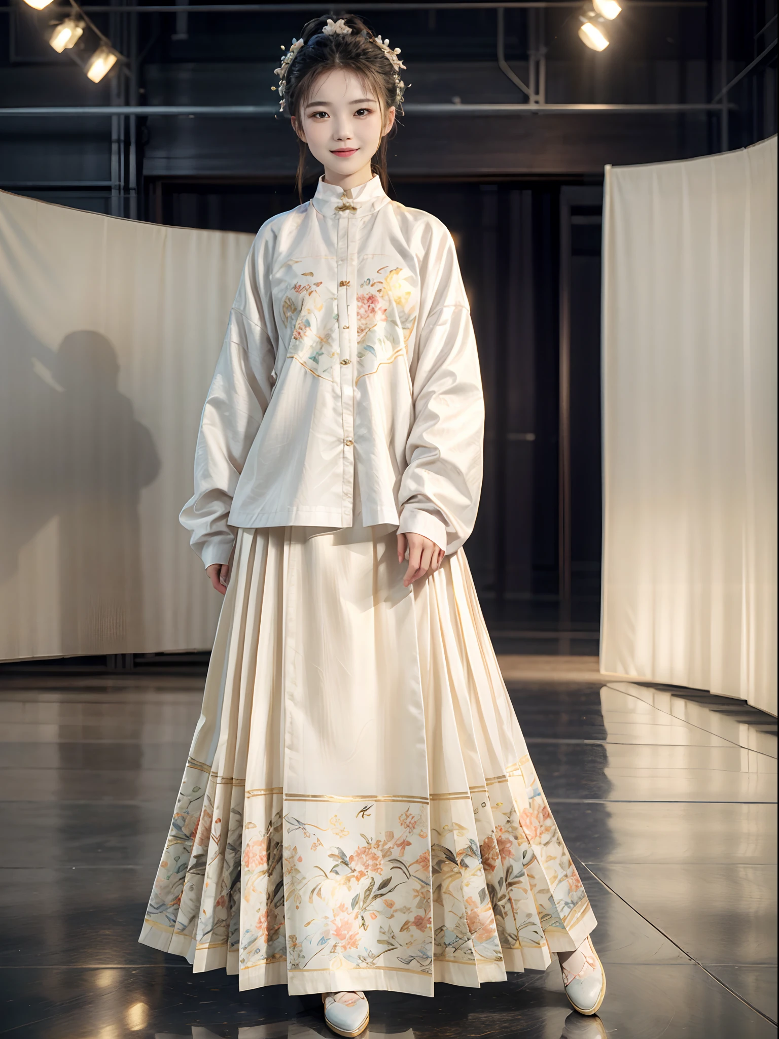 tmasterpiece,Need,photorealestic,dermis,1 female model, solo person, Beautiful model walking on the catwalk, (Hanfu,Surface,Black shorts,Yellow with white linen skirt,crewneck,Fold collar), (She confidently stood in the center of the runway show: 1.5),((There was only one female model on the runway)),Men and women make up a large portion,The catwalk was covered with flowers,The background is covered with flowers,The female model had a smile on her face,The posture is elegant and dignified