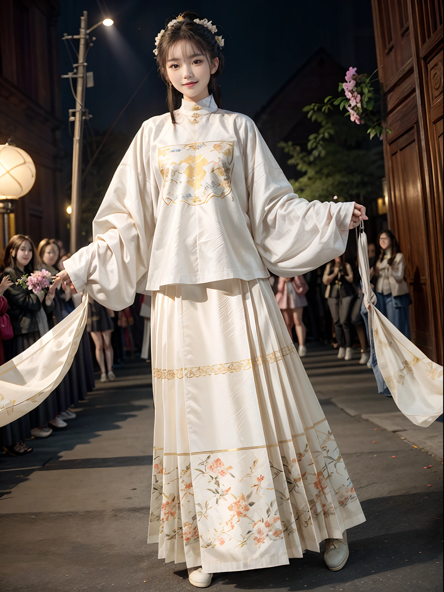 tmasterpiece,Need,photorealestic,dermis,1 female model, solo person, Beautiful model walking on the catwalk, (Hanfu,Surface,Black shorts,Yellow with white linen skirt,crewneck,Fold collar), (She confidently stood in the center of the runway show: 1.5),((There was only one female model on the runway)),Men and women make up a large portion,The catwalk was covered with flowers,The background is covered with flowers,The female model had a smile on her face,The posture is elegant and dignified