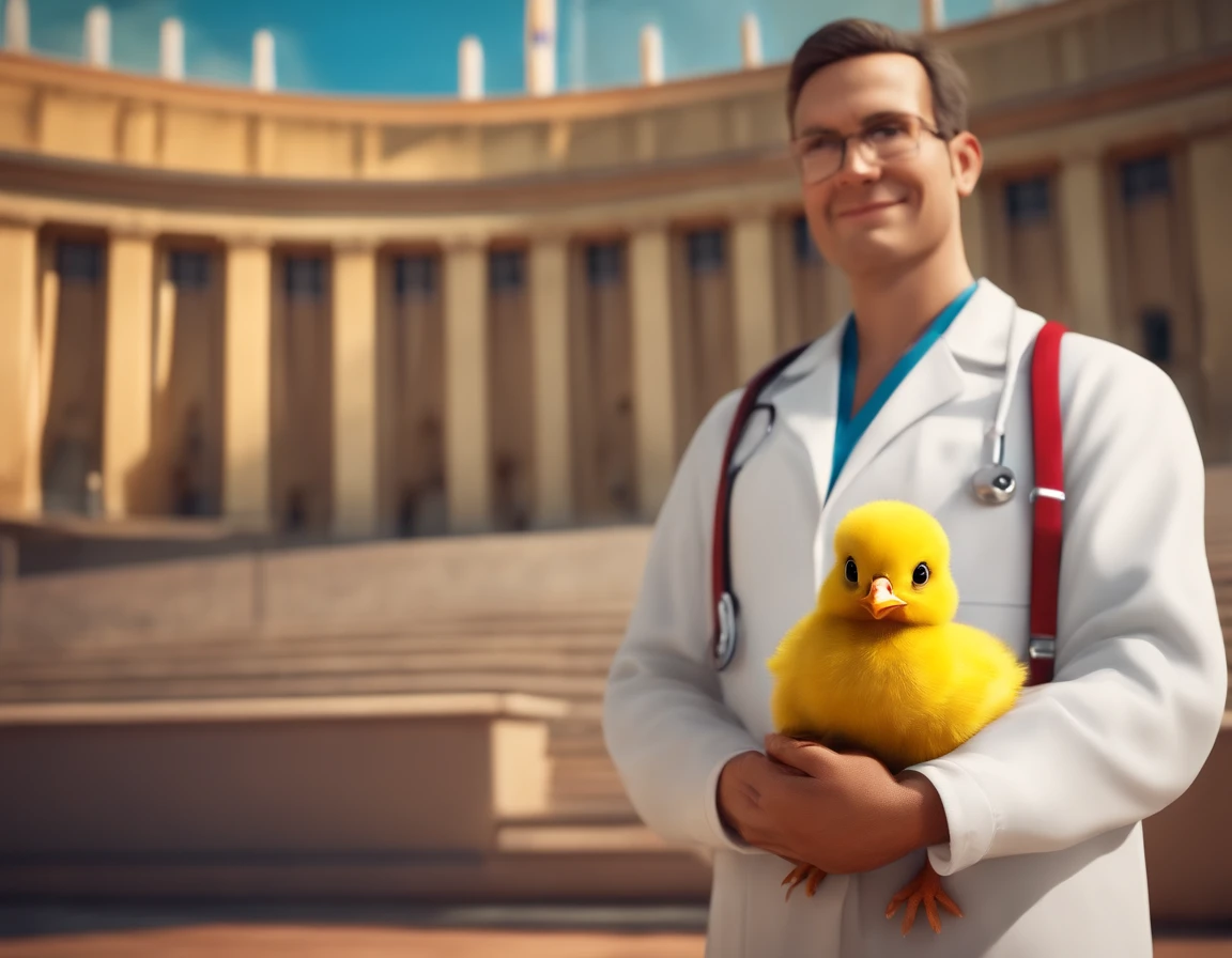 Disney Pixar style post of a veterinarian holding chick with background of the National Congress of Brasilia and Brazilian flag written [pode jovem]