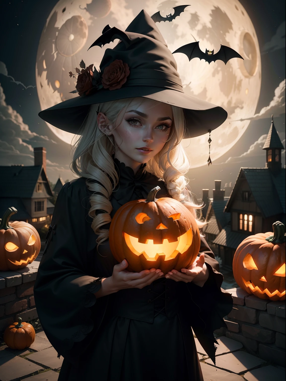 Cartaz de Halloween, there are people of all ages, Rapazes, raparigas, adults and children, detalhes faciais complexos, olhos azuis, surprised expressions, blonde woman holding pumpkin in crowd, Montanha-russa Tyrannosaurus rex no fundo, Minion amusement park, estranho jack-o'-lantern, bustling amusement park, cores brilhantes e pinturas digitais divertidas, cubismo, Liquidificador, C4D 3D |, Cinematic lighting, cabelos coloridos, ornamentos de cabelo de morcego, witch hats, arte de fantasia, Perspectiva em primeira pessoa grande angular