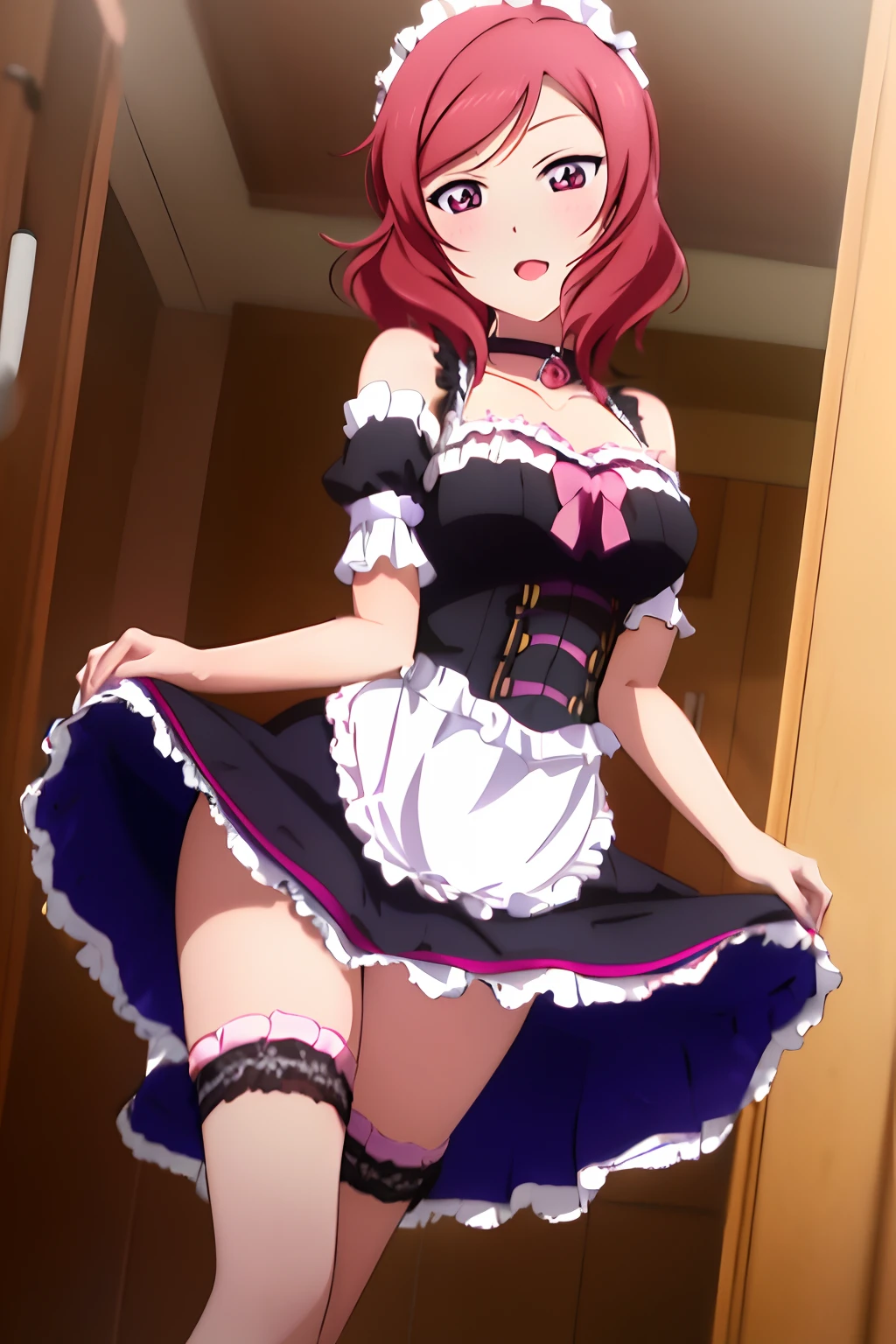 nishikino_maki, 1girl, solo, anastasia (idolmaster), idolmaster cinderella girls, purple eyes, shorts, short hair, red hair, MaidSirius, 1girl, breasts, sirius_(azur_lane), solo, underwear, panties, cleavage, large_breasts, looking_at_viewer, side-tie_panties, dress, lying, choker, short_sleeves, hair_between_eyes, pink_panties, on_back, hairband, anchor_choker, apron, clothes_lift, maid, blush, frills, thighhighs, open_mouth, collarbone