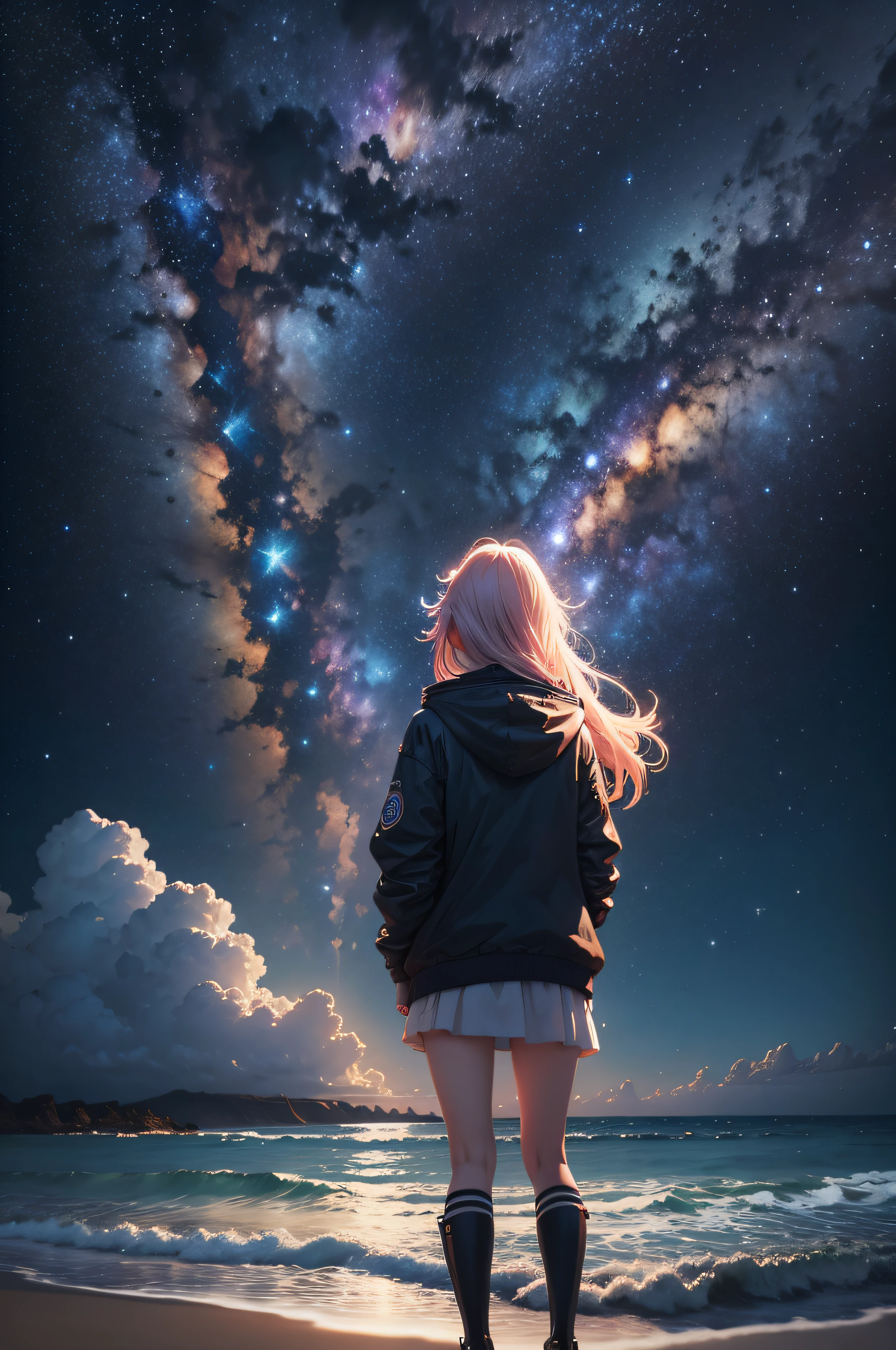 Starry sky with a girl on her back standing on a beach looking at the stars, girl looks at the space, Anime Girl com cabelos ondulados pretos, cosmos sem fim no fundo, girl in space, bonita no horizonte, Makoto Shinkai Cirilo Rolando, Anime Art Wallpaper 4K, Anime Art Wallpaper 4K, Anime Art Wallpaper 8K, olhando para o cosmos