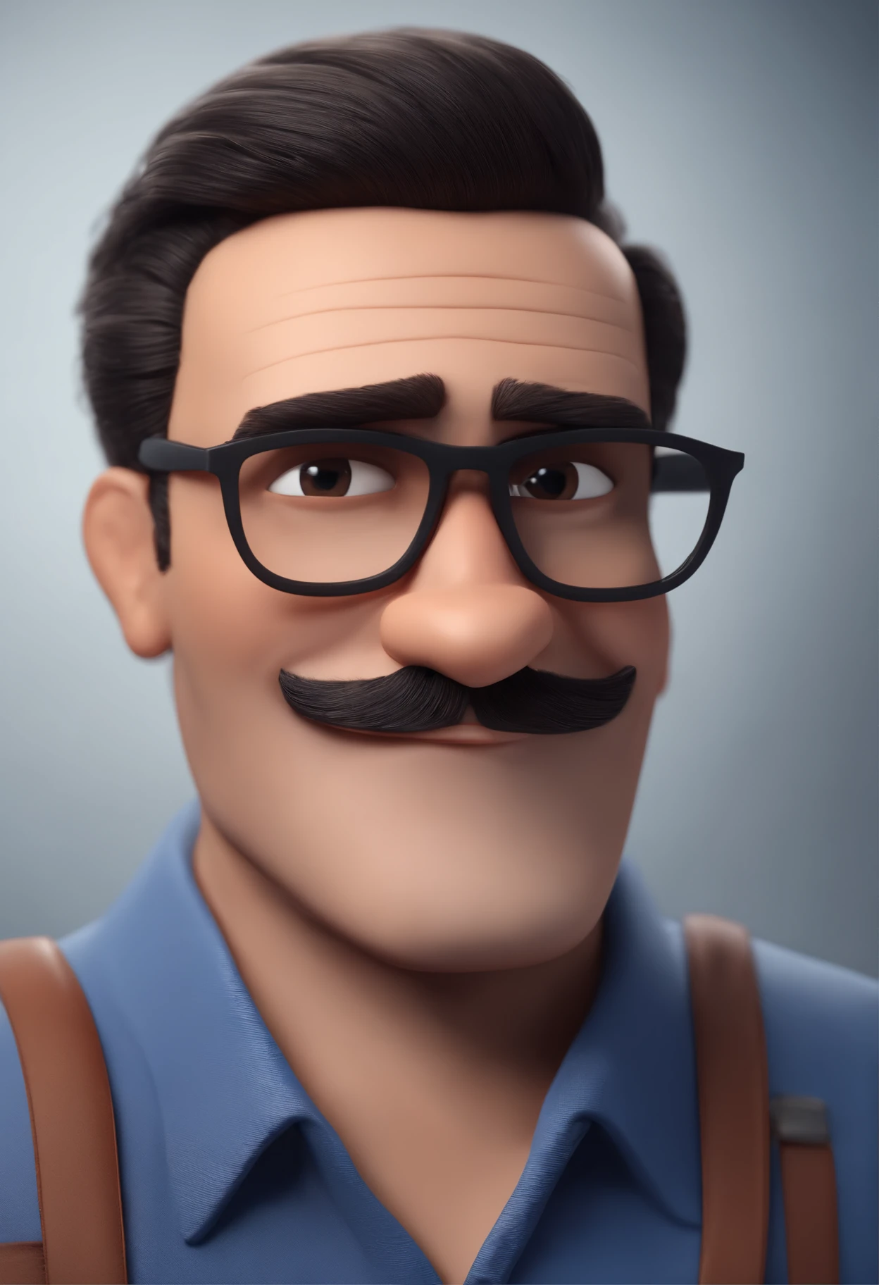 Cartoon character of a man wearing black glasses and a blue shirt, um personagem animado, Caractere estilizado, animation style rendering, 3D estilizado, Arnold Maya render, 3 d render stylized, toon render keyshot, Personagem 3D, Personagem 3D, 3d rendering stylized, 3 d character render, personagem de desenho animado, Personagem de close up, Pose de personagem, (Estilo Pixar) (master part:1.2) (Bokeh) (best quality) (pele detalhada) (textura detalhada) (8k) (argila) (Cinematic lighting) (foco nítido，Senta e vaza a parte superior do corpo