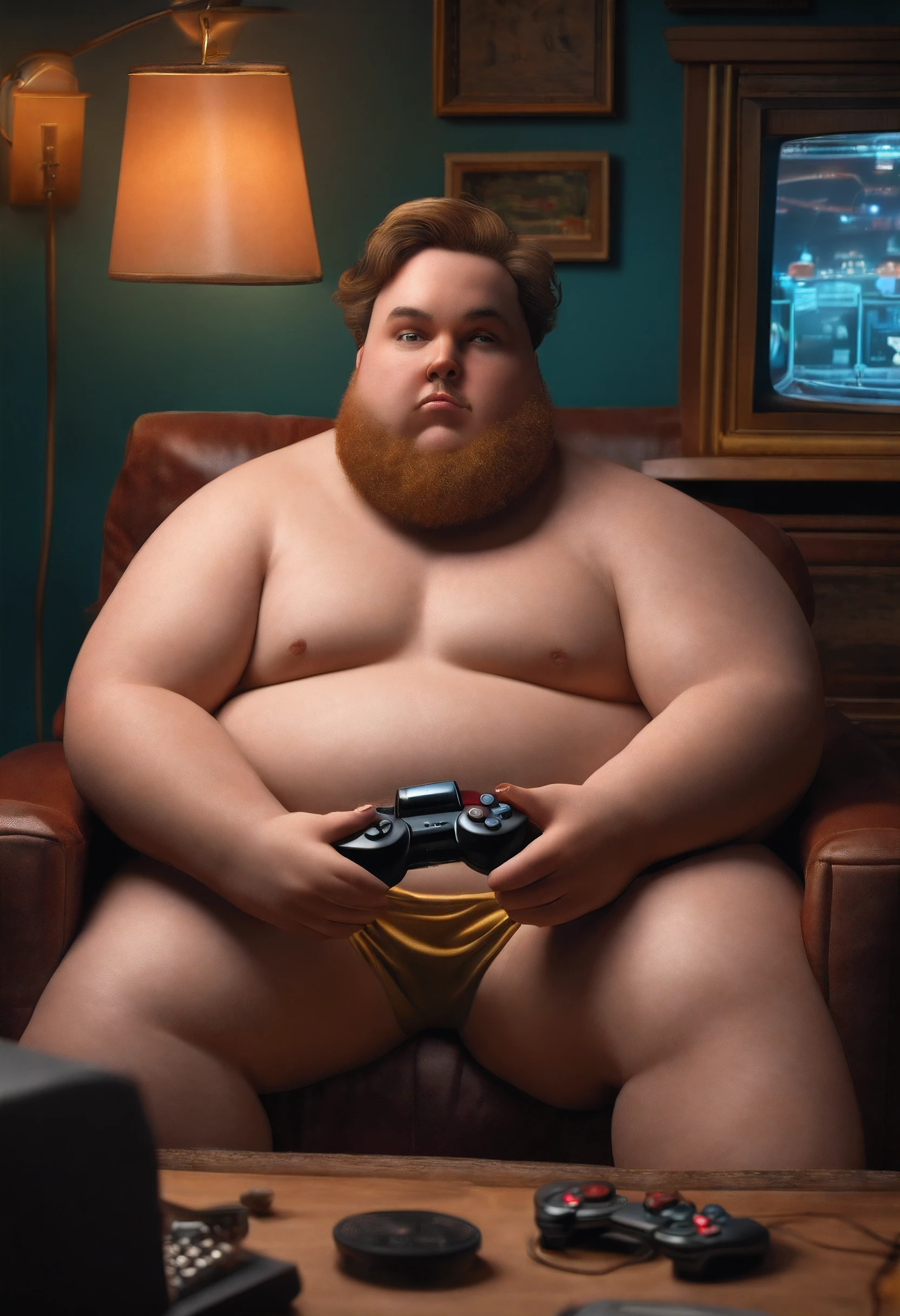 A VERY FAT MAN WITH A DRIVE PLAYING VIDEO GAMES 20 YEARS OLD