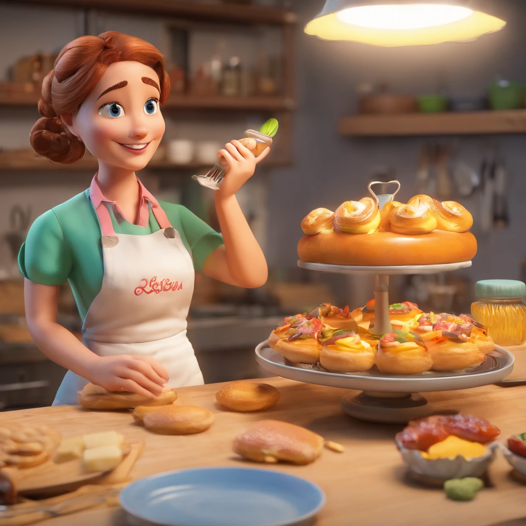 Crie uma cena de desenho animado estilo 3d -Pixar, Onde uma mulher, de cabelos lisos ruiva com 27 anos de idade, She's cooking dressed as a pastry chef.