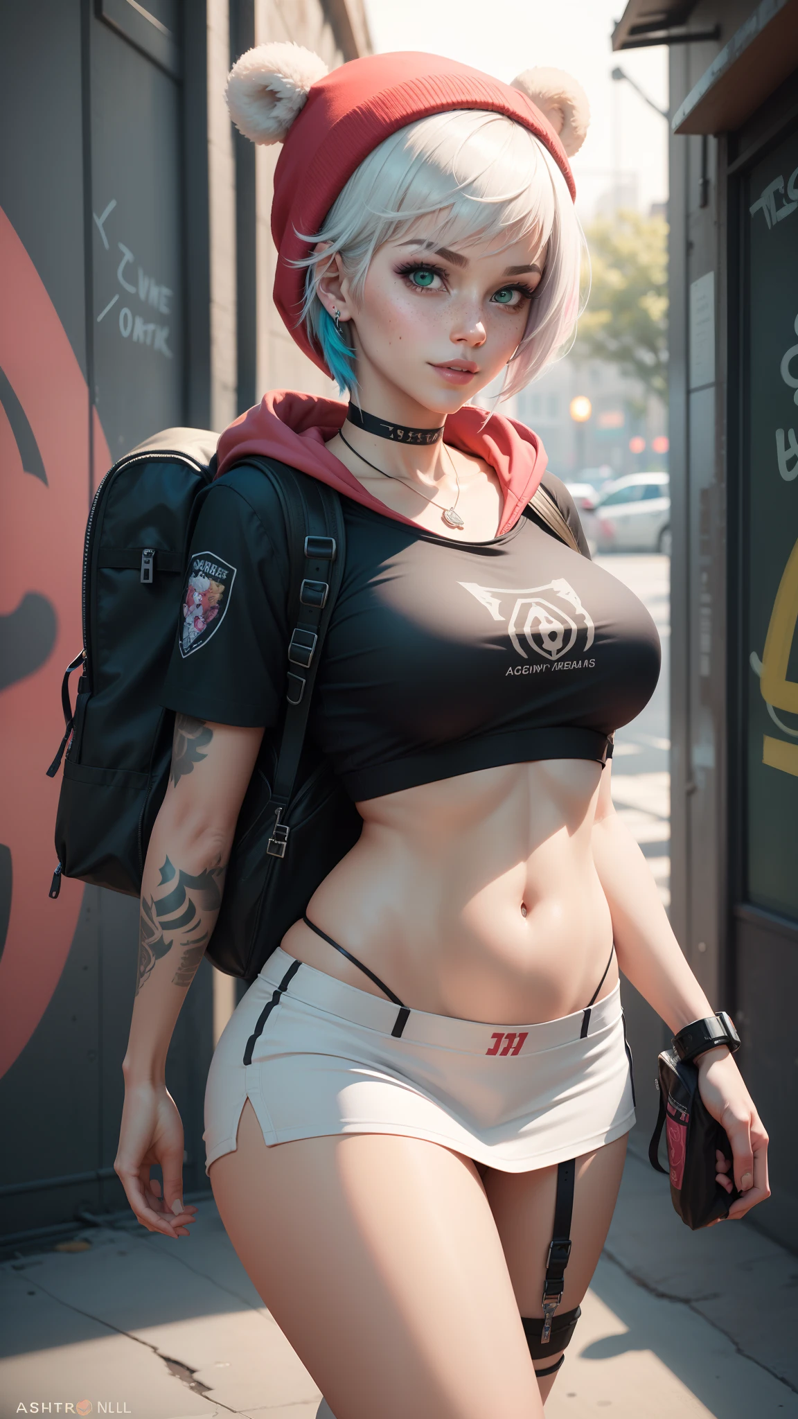 gwen tennyson,tracer,yorha 2b,y'shtola rhul,overwatch,nier automata,mecha pilot,school yard,tattoos,orange and pink plugsuit,white short sleeve top,micro school skirt, uncovered belly,short hair,punk makeup,green eyes,multicolored silver hair,sexy smile,freckles,beautiful girl,large breasts,8k,ultra detailed, realistic,fantasy art,school uniform,ear piercings,cyberpunk suit,saiyan girl,pink short sleeve sport hoodie,bear ear beanie,graffiti wall art,walking,small backpack,punk necklace,white thigh high socks,showing thong,wet shirt,