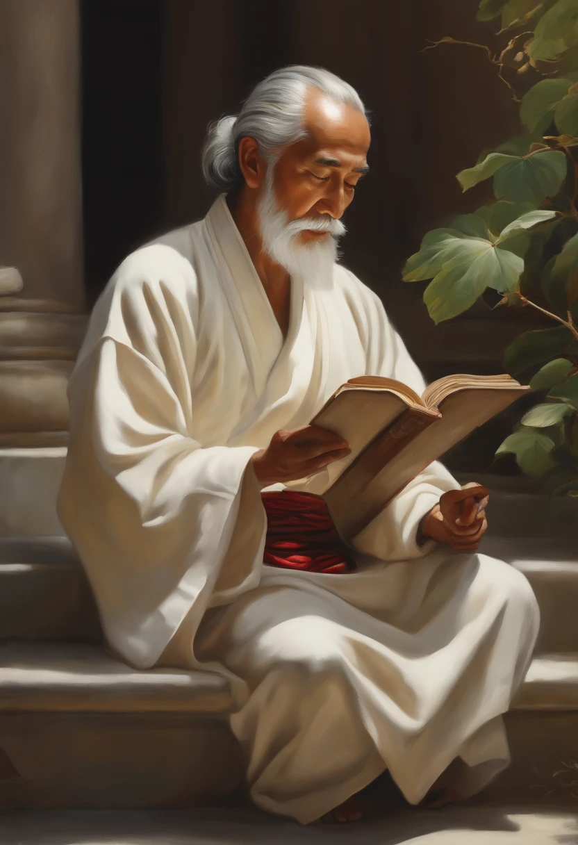 "A hyper-realistic oil painting,An old Japanese man in a white robe is depicted, Sit quietly on a quaint white marble balcony. the are In the background, Mountain landscape under clear blue skies. The man has a long gray beard,There is a bun at the back of the neck,Looks calm, An open book rests on his lap,Holding a feather in his hand. By your side, A clay container with water and some vine leaves. The afternoon sun brightens your face intensively, As he calmly writes in the book. Images convey wisdom, Simple and Stoic resignation. Painted with realistic oil painting details, Focus on facial features, fabrics and objects on the sides. 1024 x 576 pixel resolution, Ideal for use as a Youtube banner."