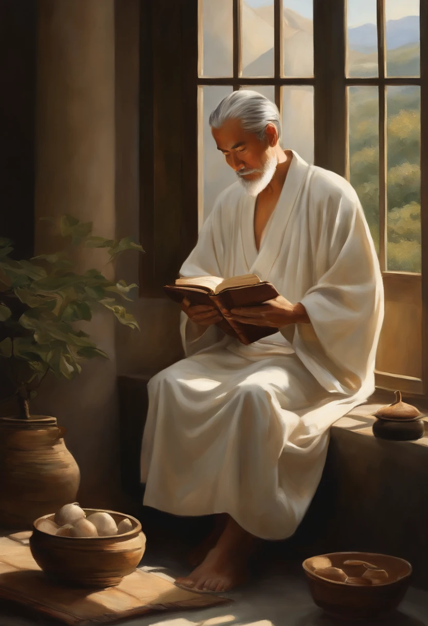 "A hyper-realistic oil painting，An old Japanese man in a white robe is depicted, Sit quietly on a quaint white marble balcony. the are In the background, Mountain landscape under clear blue skies. The man has a long gray beard，There is a bun at the back of the neck，Looks calm, An open book rests on his lap，Holding a feather in his hand. By your side, A clay container with water and some vine leaves. The afternoon sun brightens your face intensively, As he calmly writes in the book. Images convey wisdom, Simple and Stoic resignation. Painted with realistic oil painting details, Focus on facial features, fabrics and objects on the sides. 1024 x 576 pixel resolution, Ideal for use as a Youtube banner."