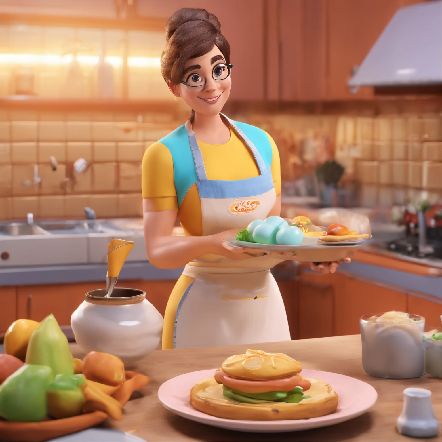 Crie uma cena de desenho animado  estilo 3d -Pixar, Onde uma mulher, de cabelos lisos ruiva com 27 anos de idade, She's cooking dressed as a pastry chef.