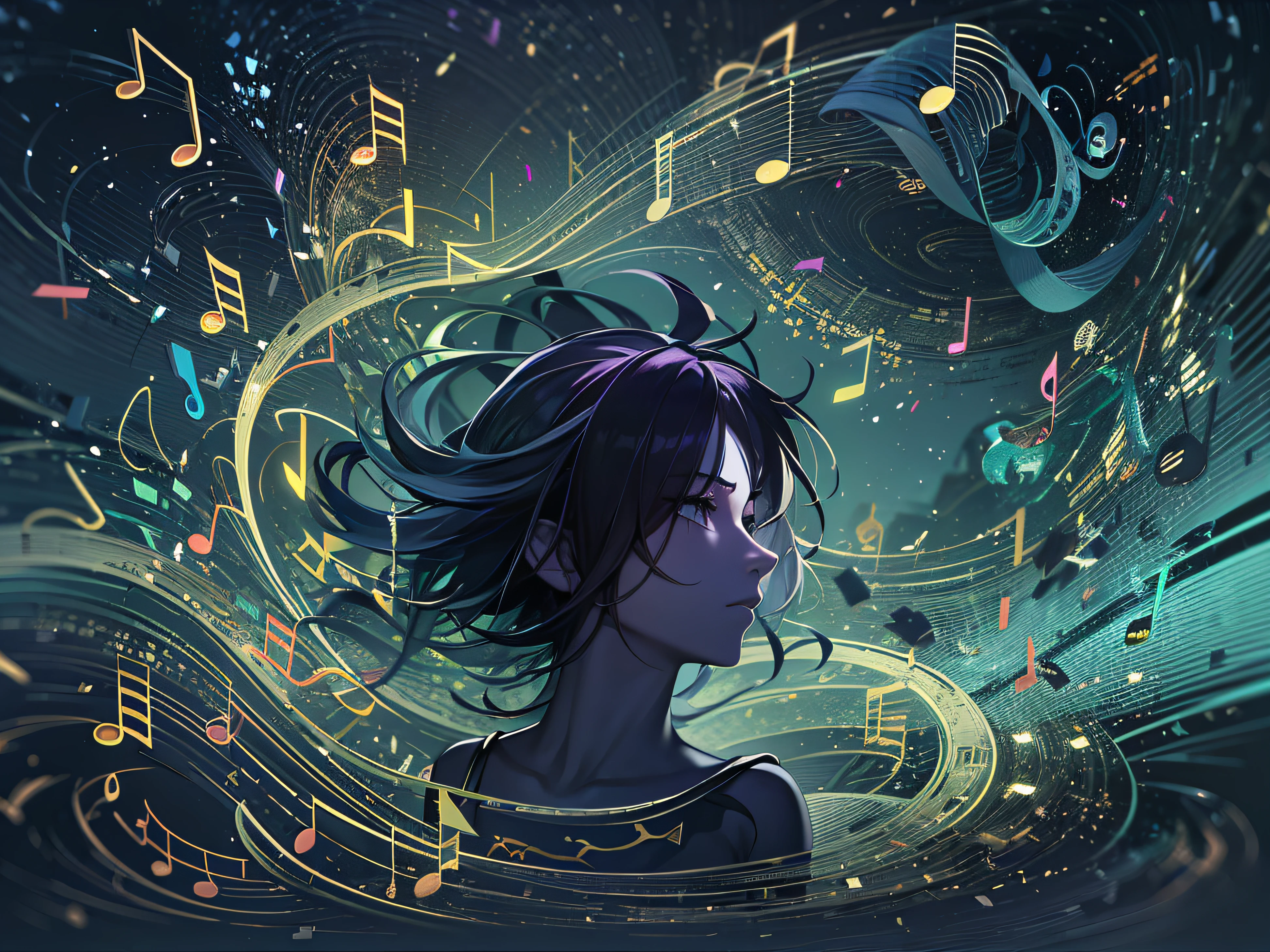 This avatar is based on a black background。are in the center, There is a musical symbol composed of delicate notes, They present beautiful curves and a sense of flow。These notes visually form dynamic musical waveforms, It seems to rise and fall with the rhythm of the melody。The color of the notes can be soft blues and purples, Highlight《Avatar》Artistic sense。, Surrounding considerations, Scattered with tiny star-shaped musical symbols, The overall design is simple and artistic, Tonalism, character sheets, k hd, , 16k